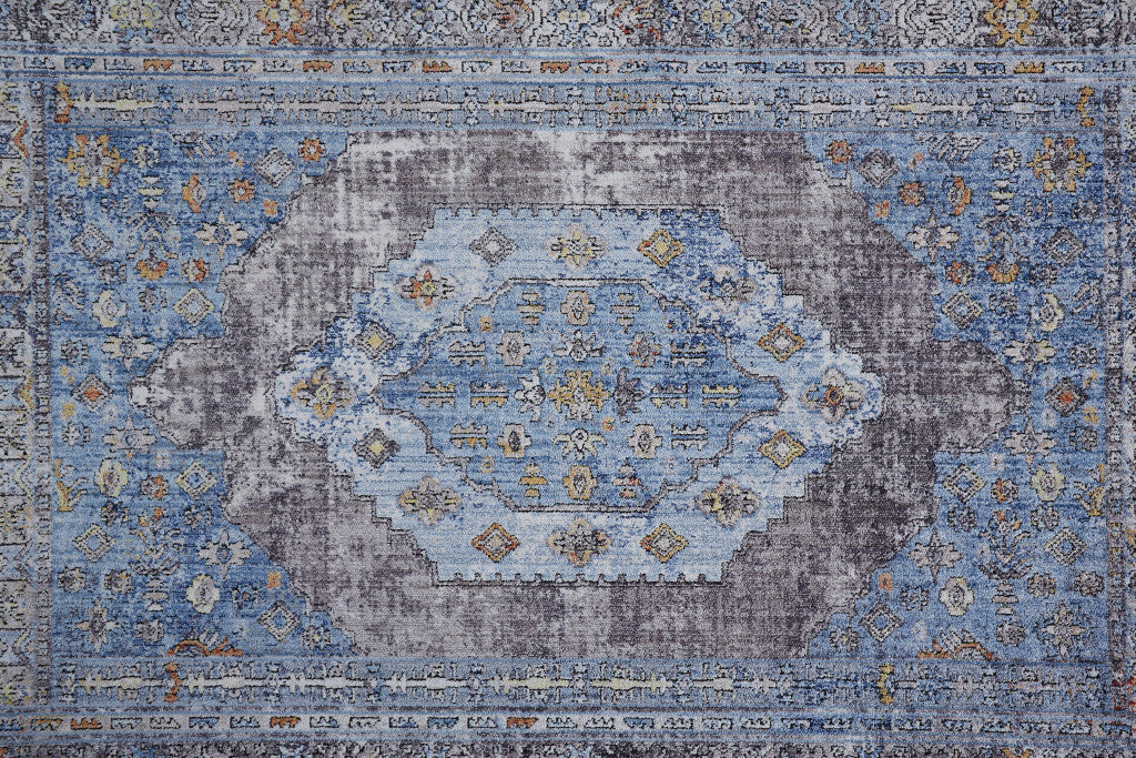 4' X 6' Blue Gray And Gold Floral Stain Resistant Area Rug