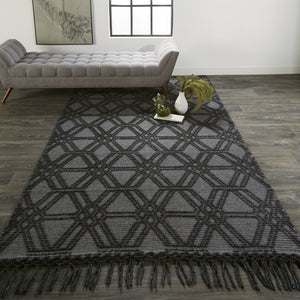 4' X 6' Black And Gray Wool Geometric Hand Woven Area Rug With Fringe