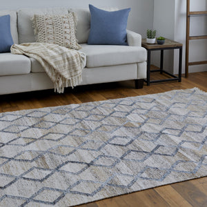 Gray Ivory And Tan Geometric Hand Woven Stain Resistant Area Rug With Fringe - 4' x 6'