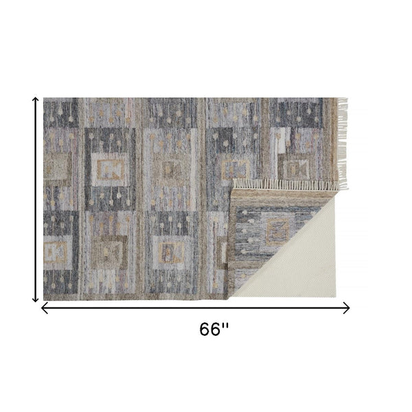 Gray Taupe And Tan Geometric Hand Woven Stain Resistant Area Rug With Fringe - 4' x 6'
