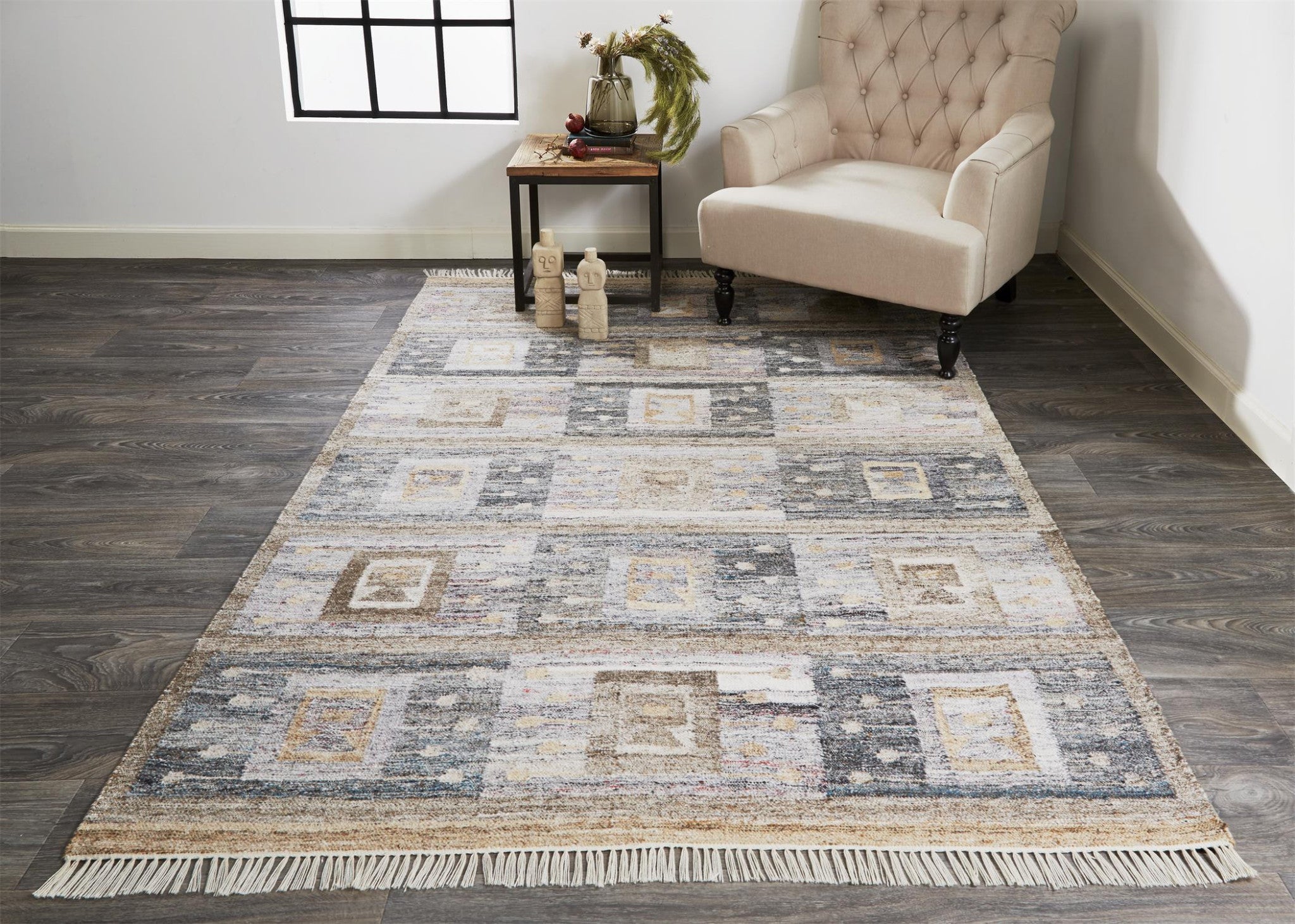 Gray Taupe And Tan Geometric Hand Woven Stain Resistant Area Rug With Fringe - 4' x 6'
