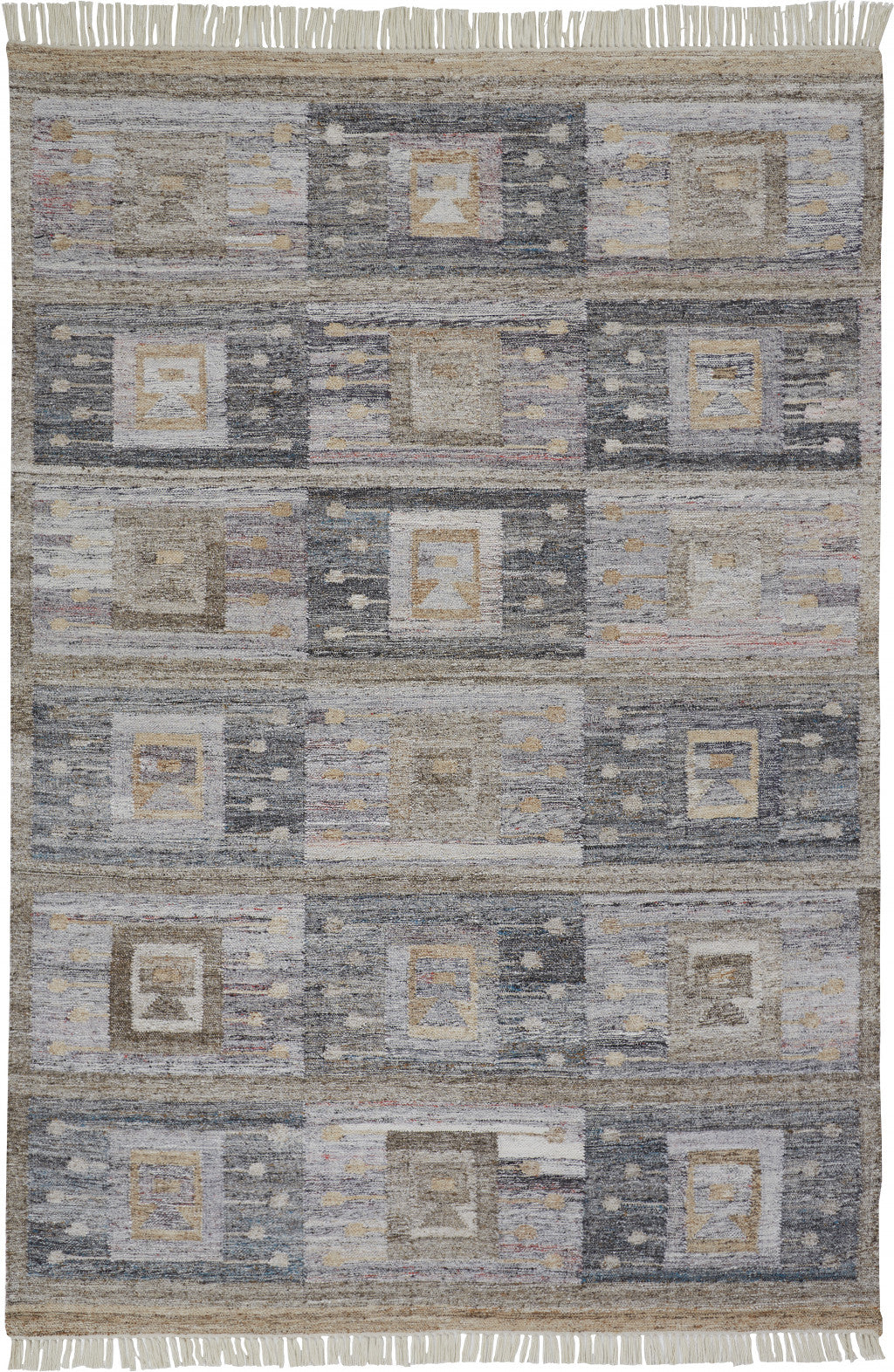 Gray Taupe And Tan Geometric Hand Woven Stain Resistant Area Rug With Fringe - 4' x 6'