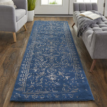 Blue And Silver Wool Floral Tufted Handmade Distressed Area Rug - 5' x 8'