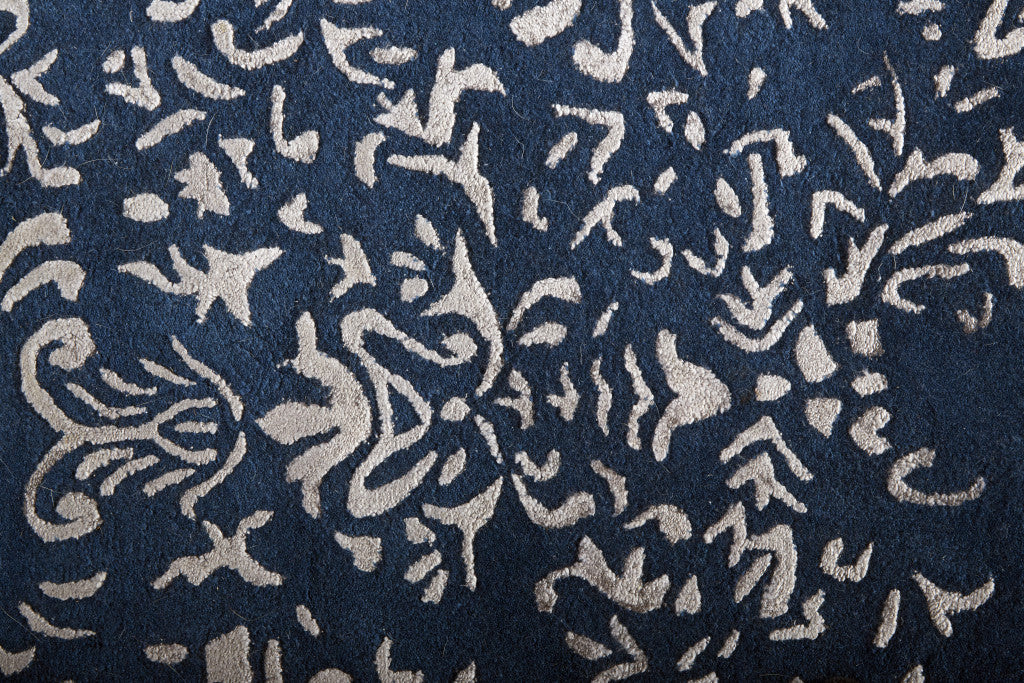 Blue And Silver Wool Floral Tufted Handmade Distressed Area Rug - 5' x 8'