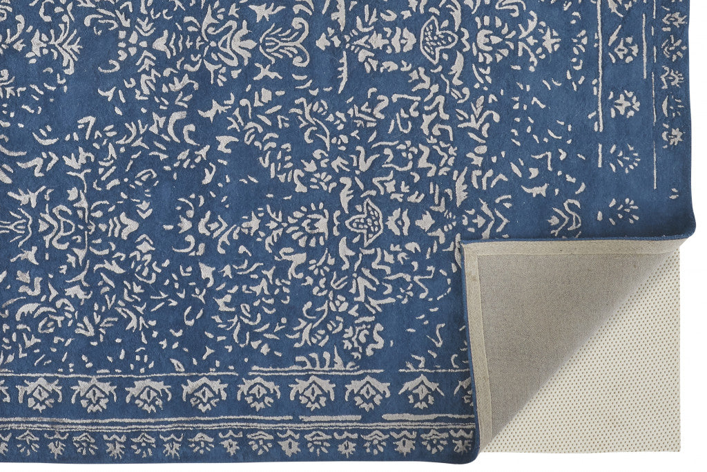 Blue And Silver Wool Floral Tufted Handmade Distressed Area Rug - 5' x 8'