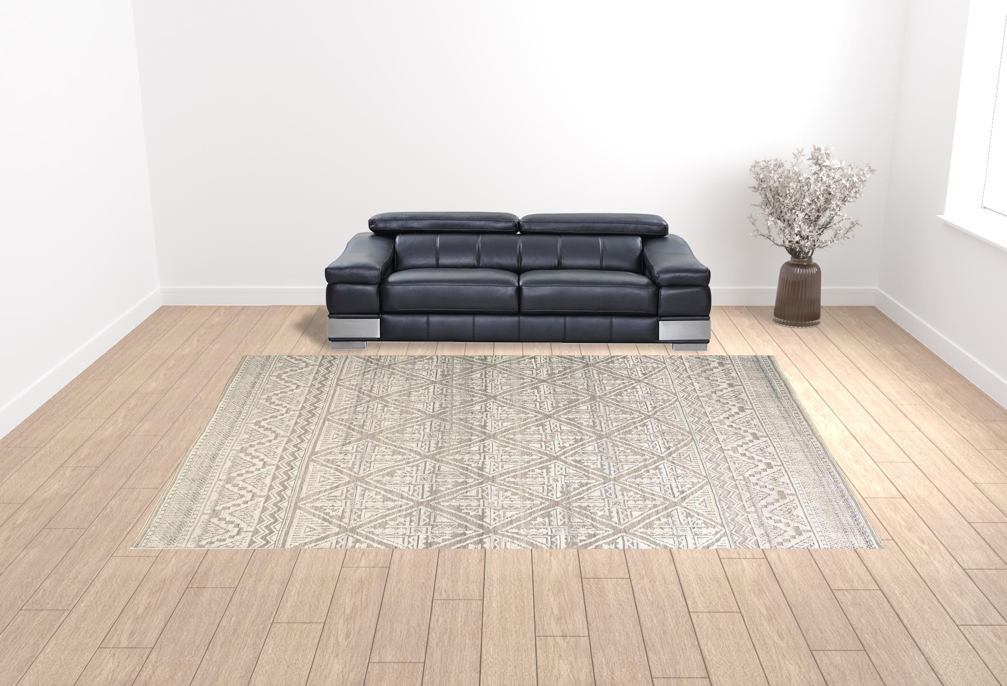 4' X 6' Ivory Tan And Gray Geometric Hand Knotted Area Rug