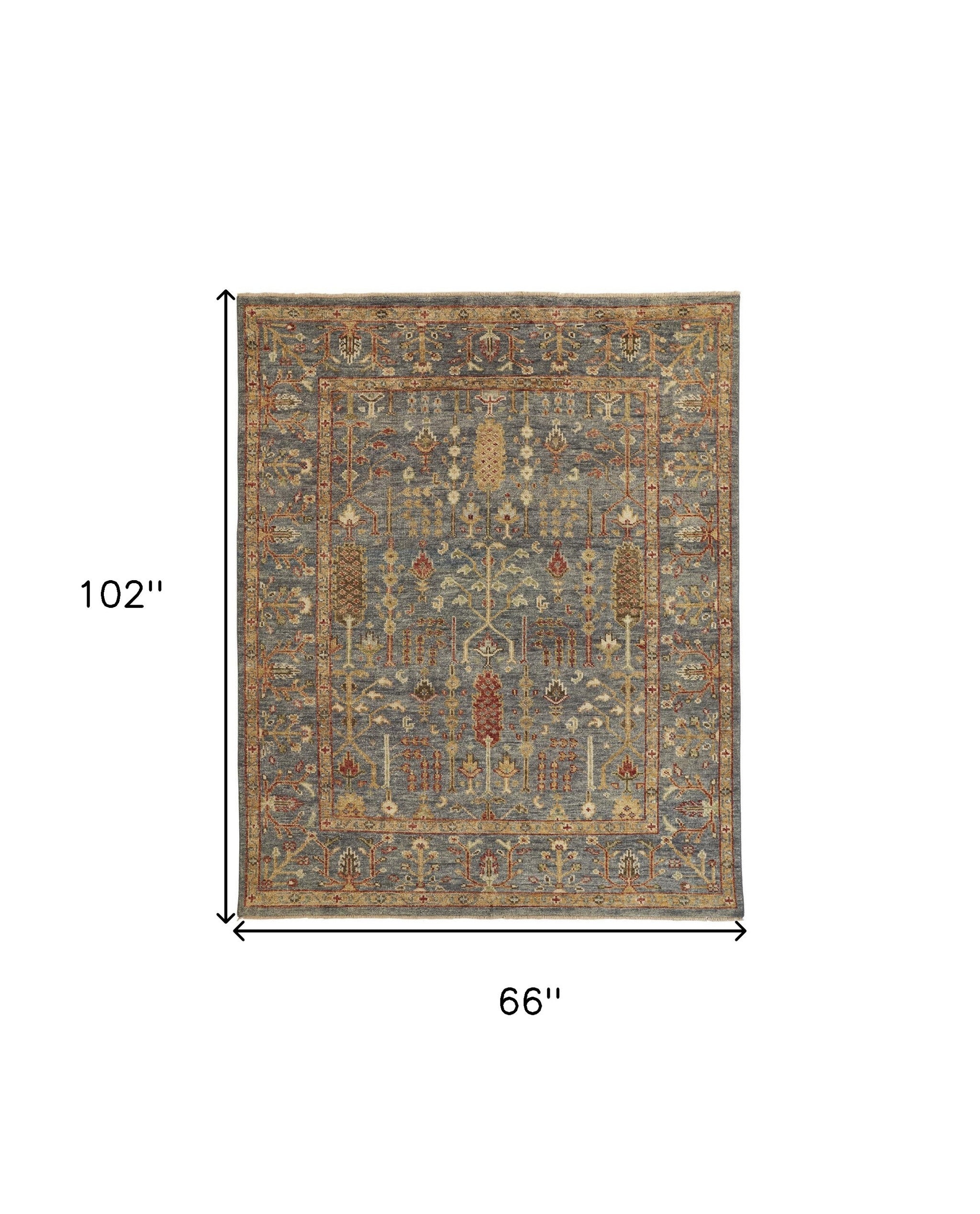 5' X 8' Gray Gold And Red Wool Floral Hand Knotted Stain Resistant Area Rug With Fringe