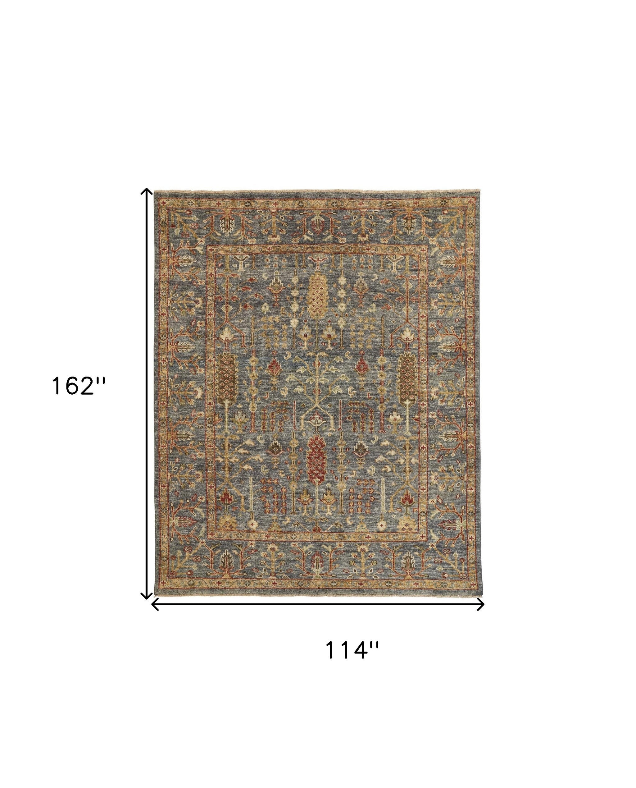 5' X 8' Gray Gold And Red Wool Floral Hand Knotted Stain Resistant Area Rug With Fringe