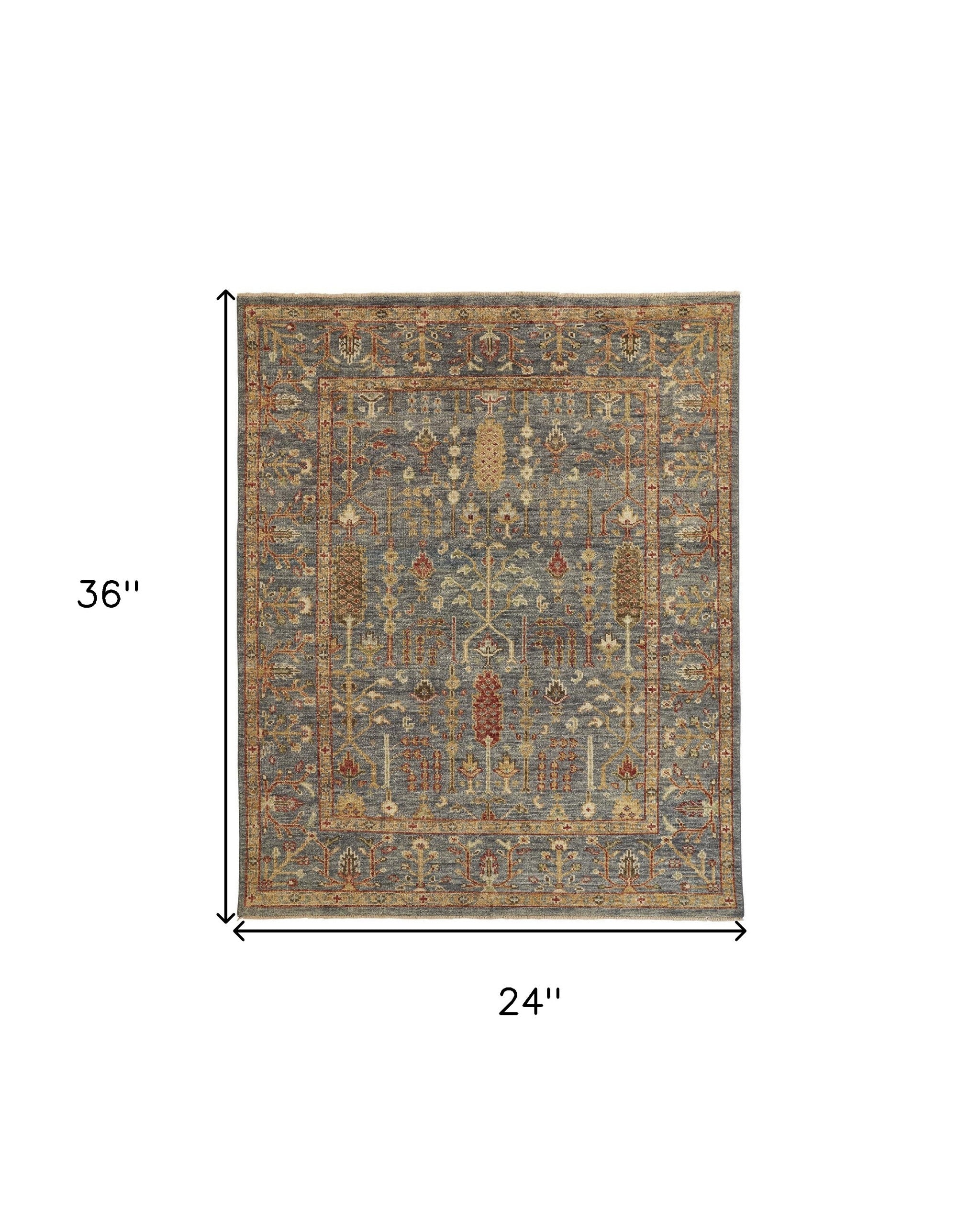 5' X 8' Gray Gold And Red Wool Floral Hand Knotted Stain Resistant Area Rug With Fringe