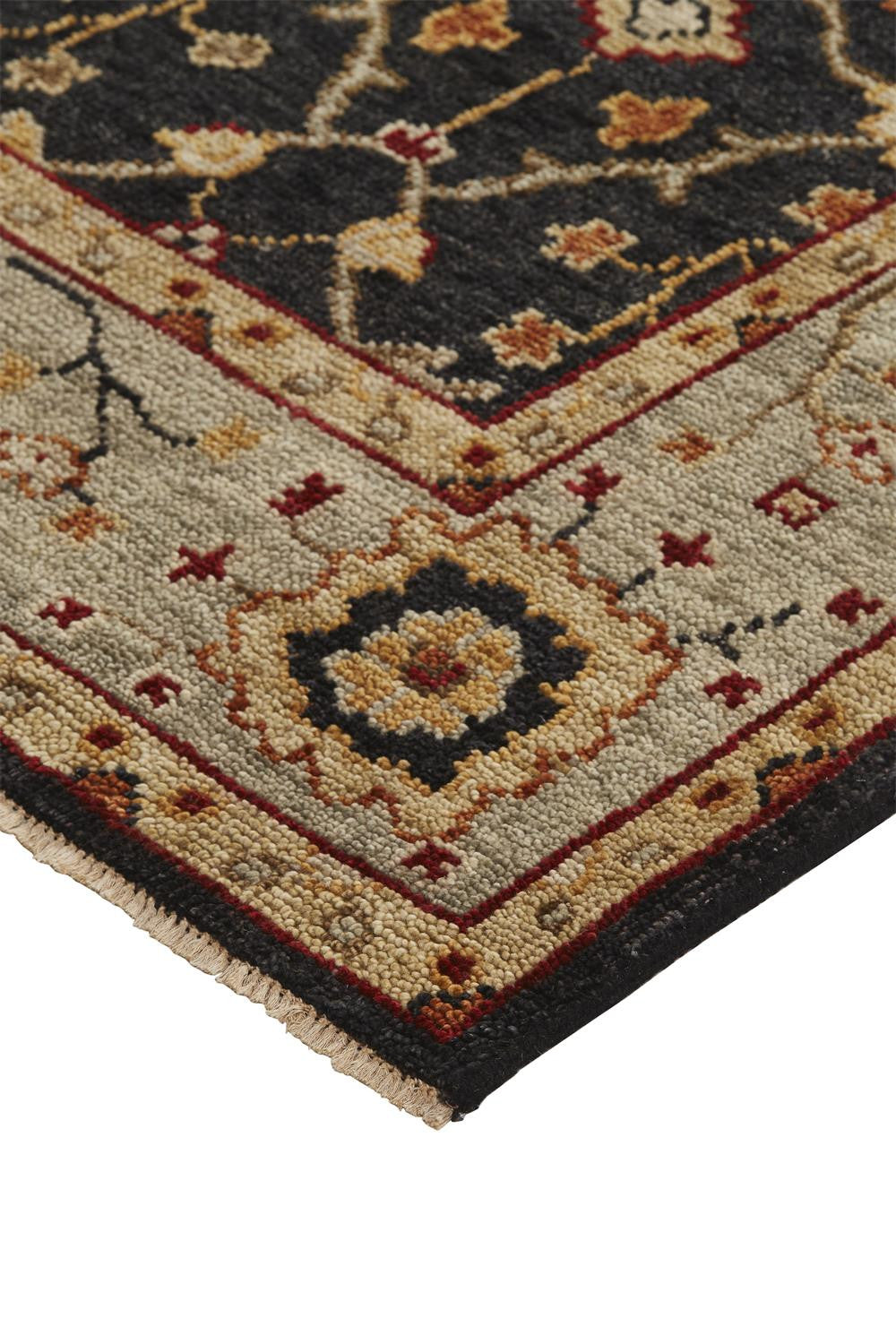 4' X 6' Black Gold And Gray Wool Floral Hand Knotted Stain Resistant Area Rug With Fringe
