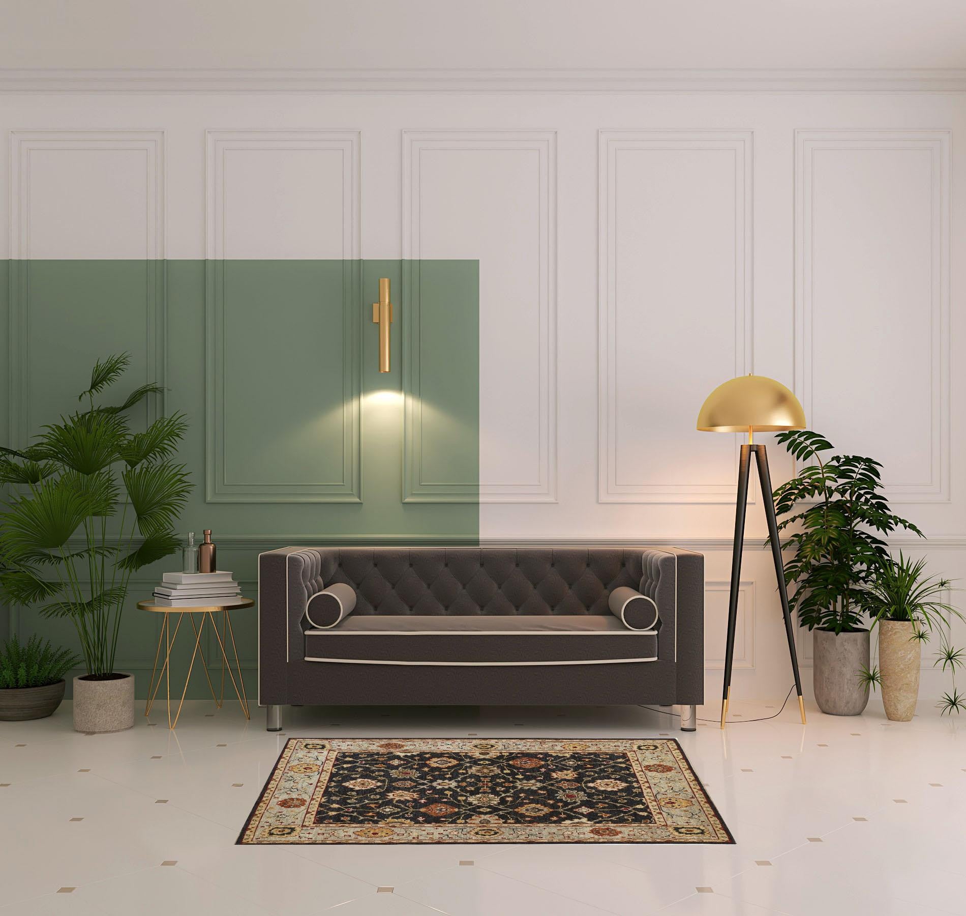 4' X 6' Black Gold And Gray Wool Floral Hand Knotted Stain Resistant Area Rug With Fringe