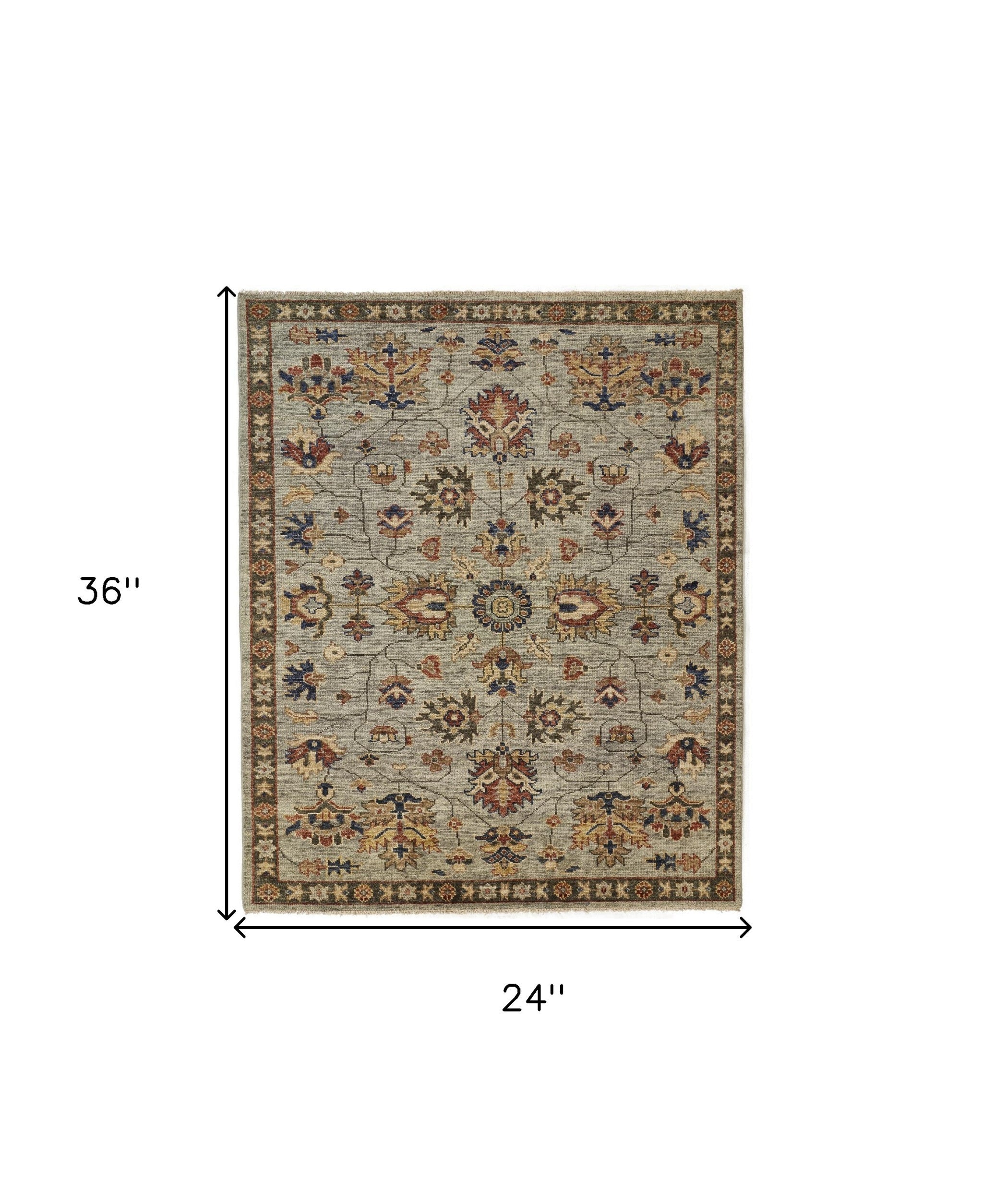 4' X 6' Gray Gold And Red Wool Floral Hand Knotted Stain Resistant Area Rug With Fringe