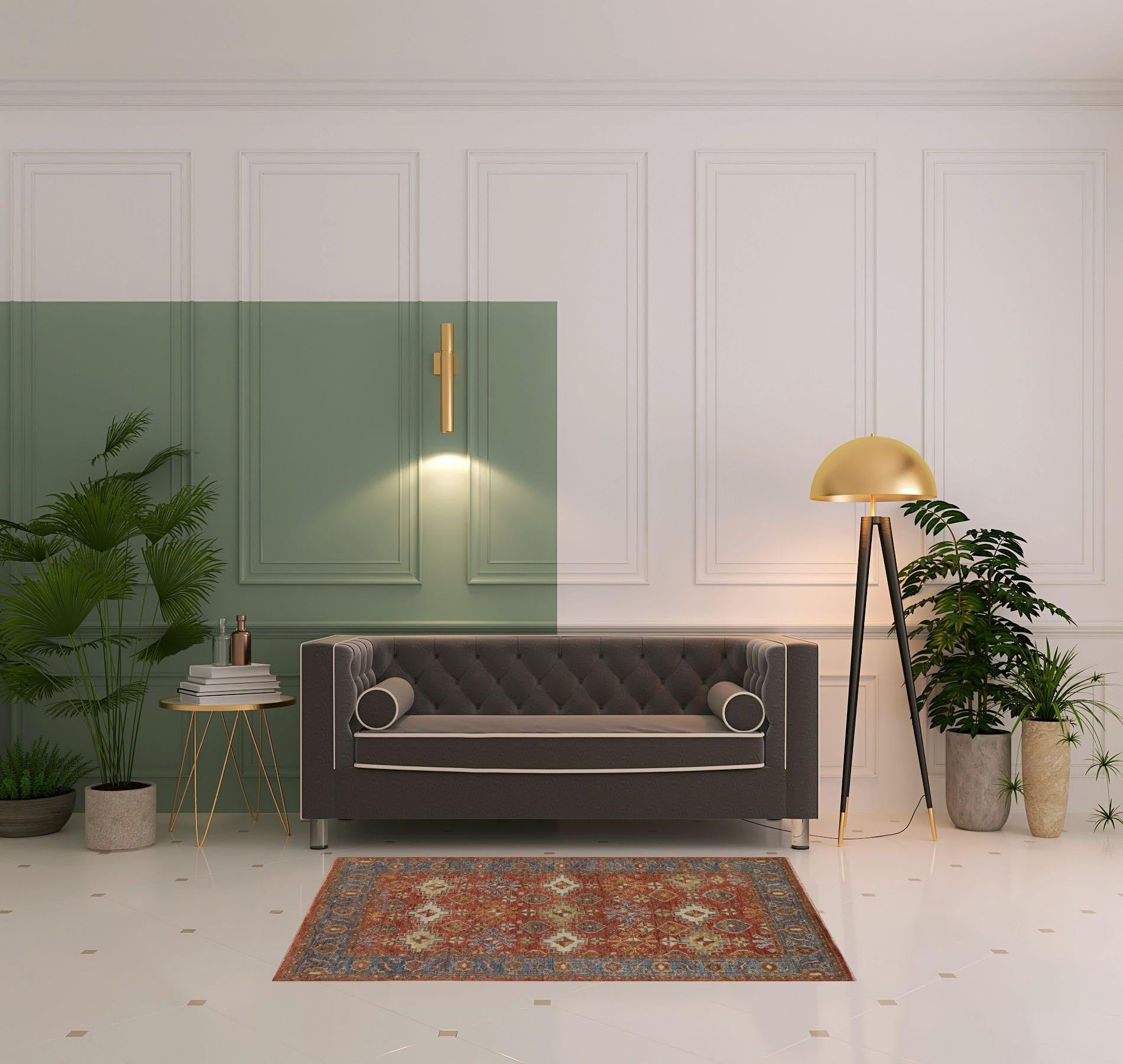 4' X 6' Red Blue And Orange Wool Floral Hand Knotted Stain Resistant Area Rug With Fringe