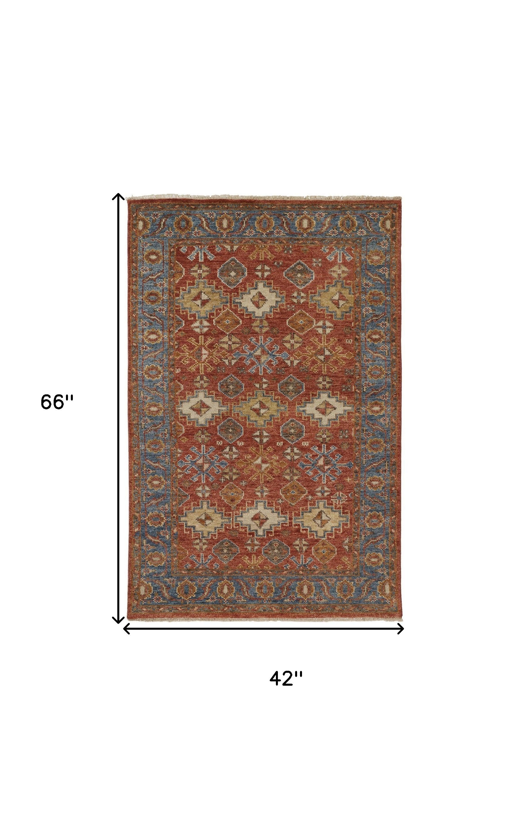 4' X 6' Red Blue And Orange Wool Floral Hand Knotted Stain Resistant Area Rug With Fringe