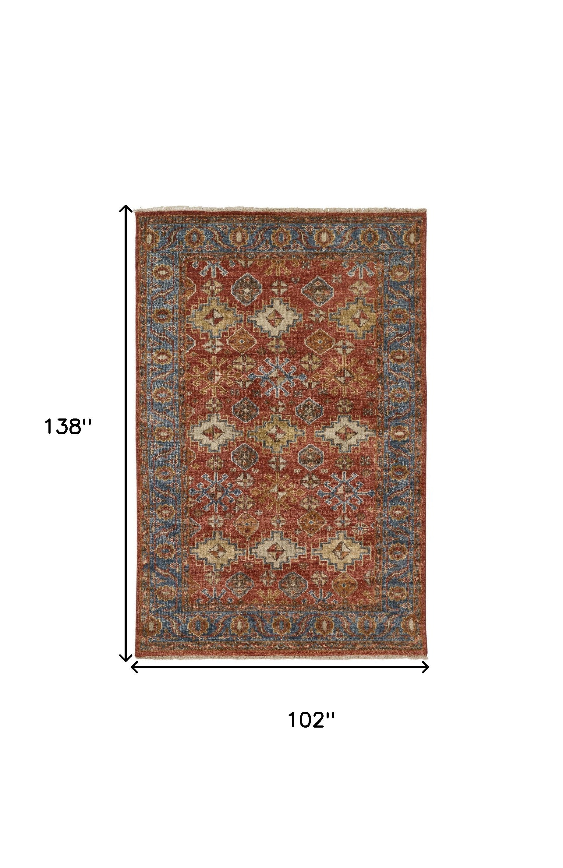 4' X 6' Red Blue And Orange Wool Floral Hand Knotted Stain Resistant Area Rug With Fringe