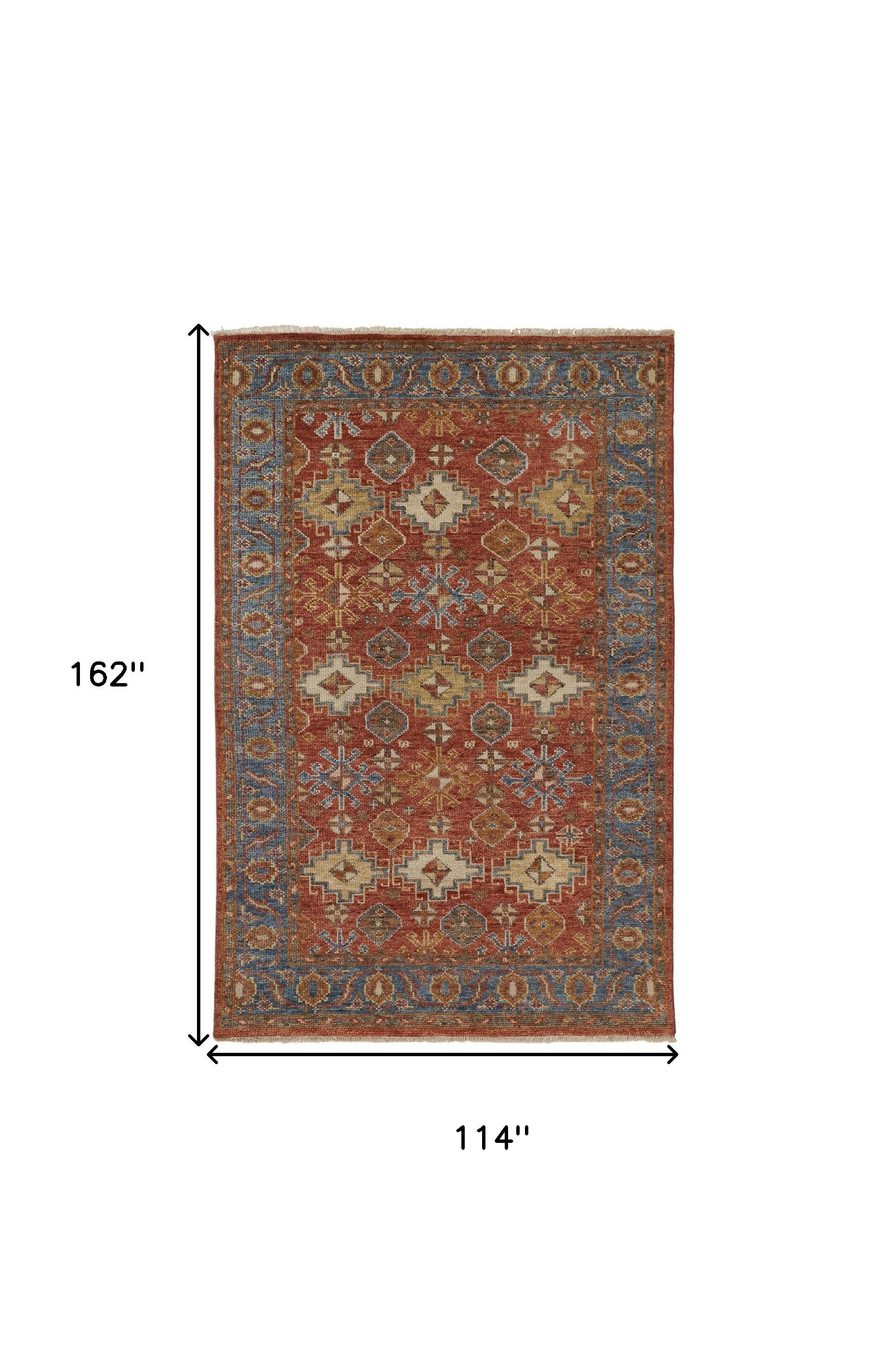 4' X 6' Red Blue And Orange Wool Floral Hand Knotted Stain Resistant Area Rug With Fringe