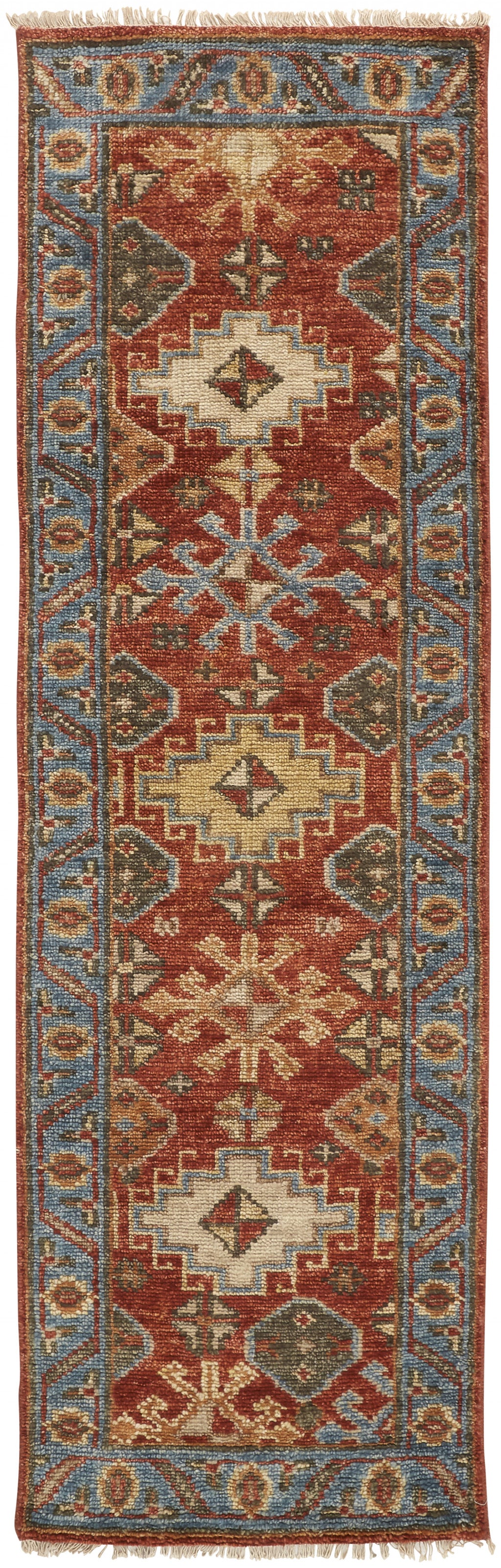 4' X 6' Red Blue And Orange Wool Floral Hand Knotted Stain Resistant Area Rug With Fringe