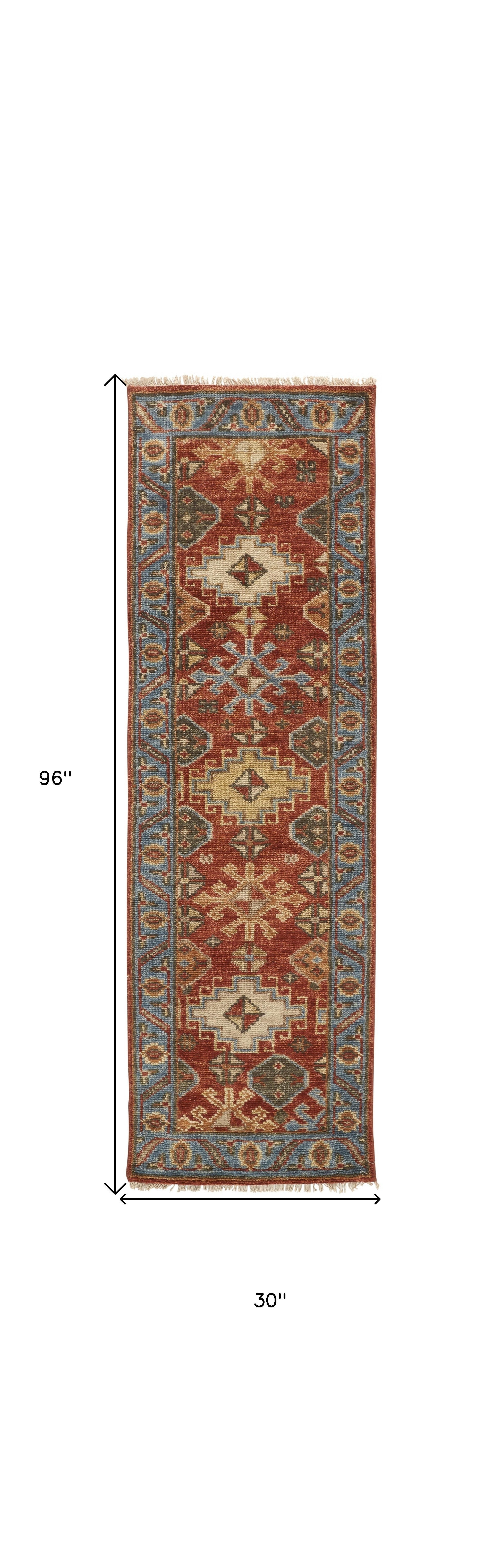 4' X 6' Red Blue And Orange Wool Floral Hand Knotted Stain Resistant Area Rug With Fringe