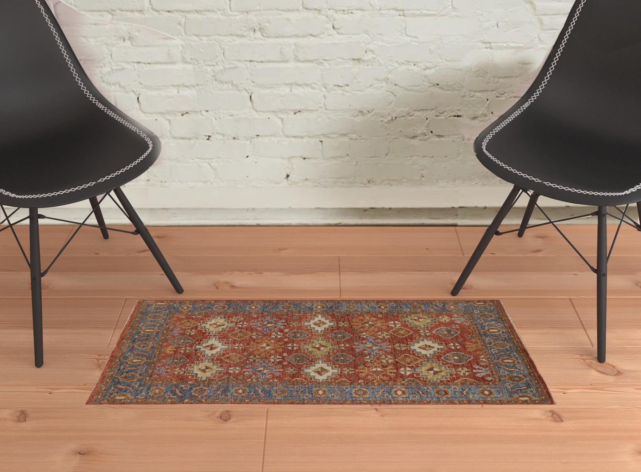 4' X 6' Red Blue And Orange Wool Floral Hand Knotted Stain Resistant Area Rug With Fringe