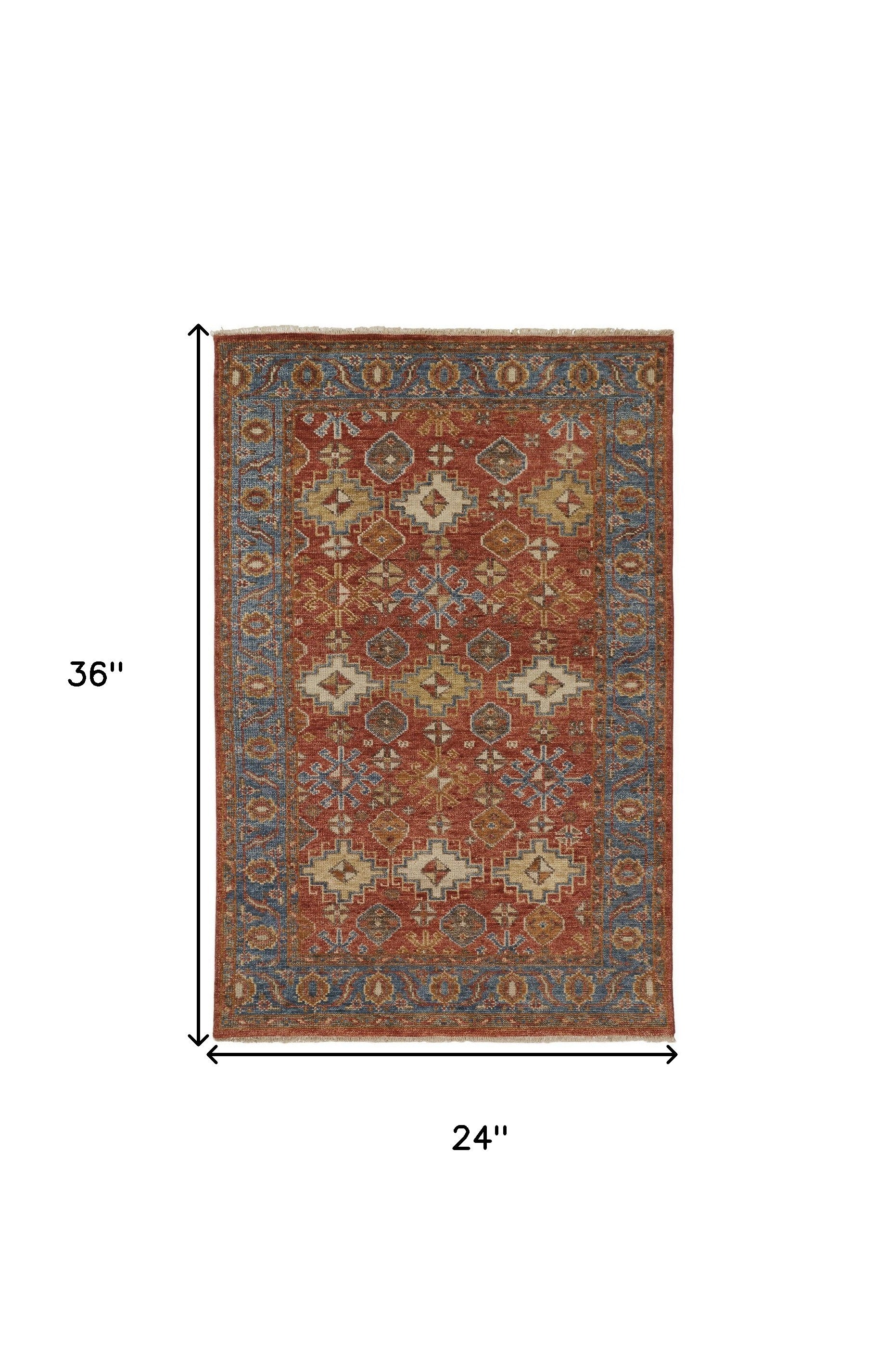 4' X 6' Red Blue And Orange Wool Floral Hand Knotted Stain Resistant Area Rug With Fringe