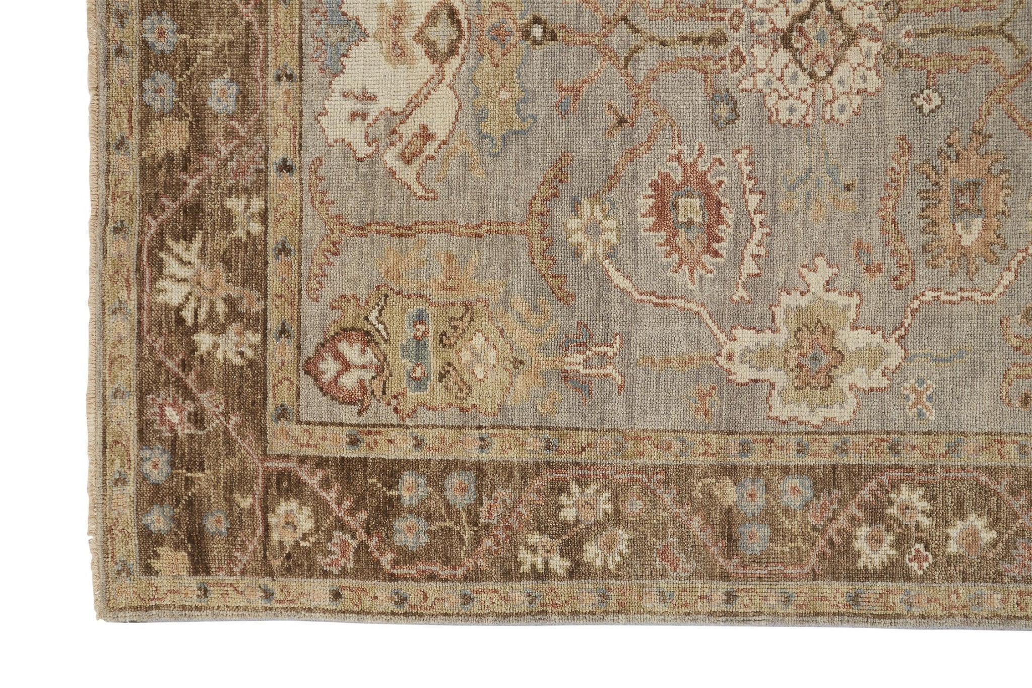 4' X 6' Gray Brown And Gold Wool Floral Hand Knotted Stain Resistant Area Rug With Fringe
