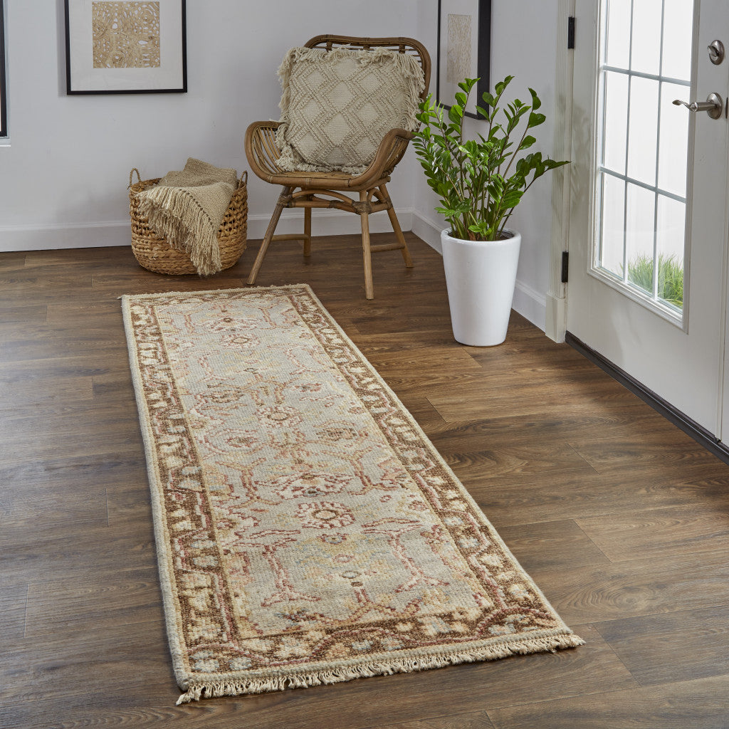 4' X 6' Gray Brown And Gold Wool Floral Hand Knotted Stain Resistant Area Rug With Fringe