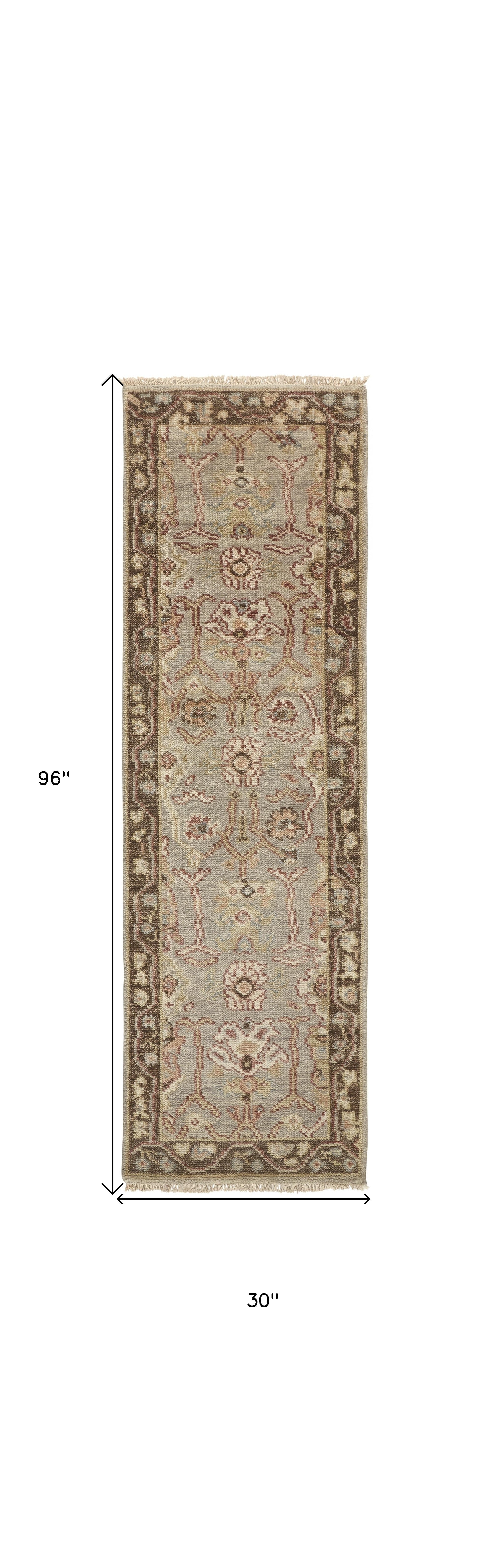 4' X 6' Gray Brown And Gold Wool Floral Hand Knotted Stain Resistant Area Rug With Fringe