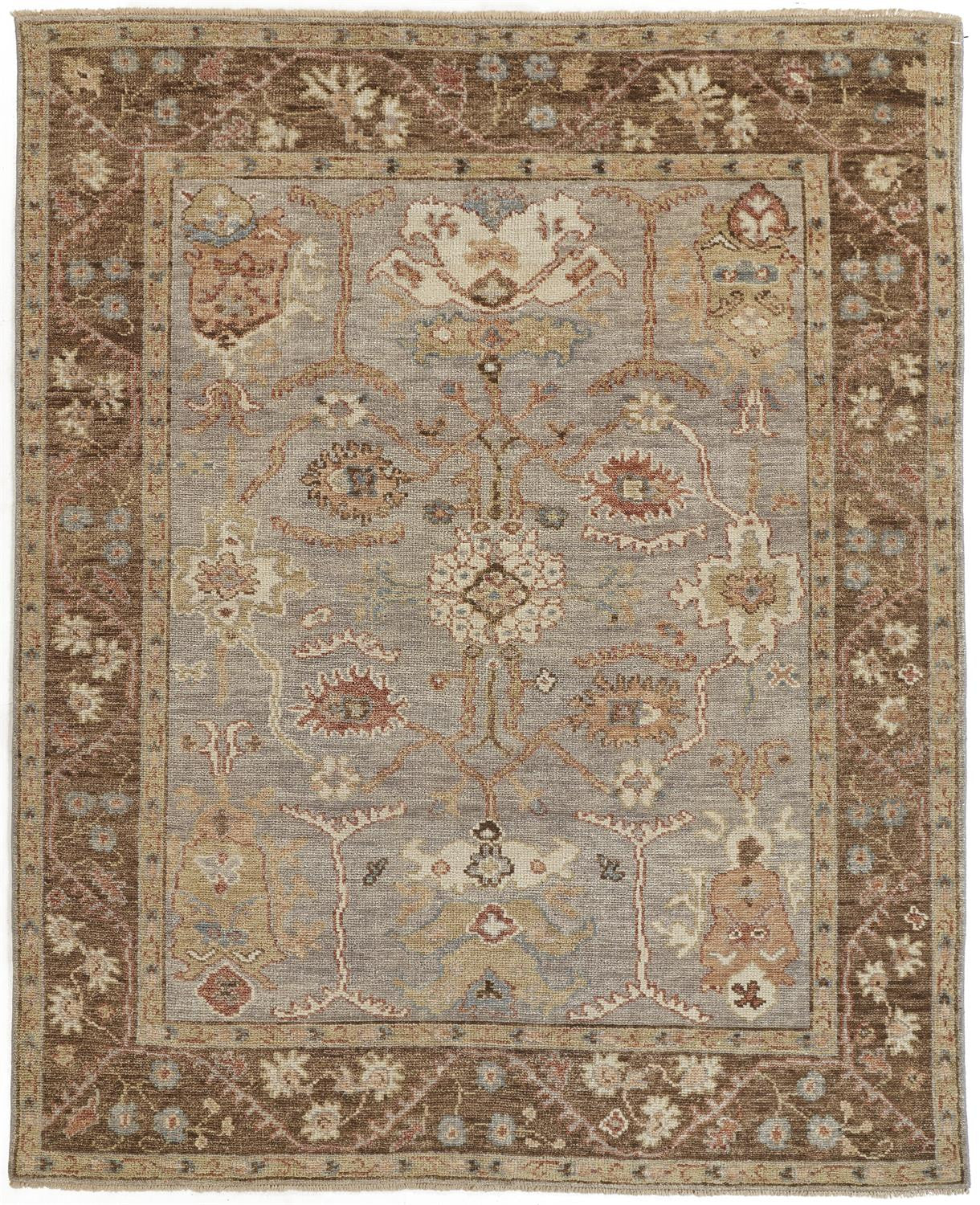 4' X 6' Gray Brown And Gold Wool Floral Hand Knotted Stain Resistant Area Rug With Fringe