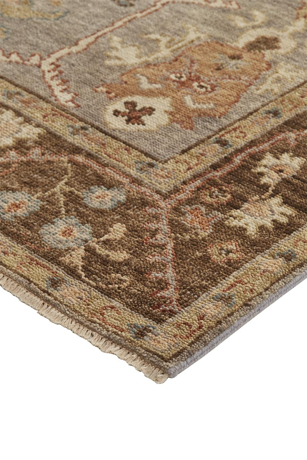 4' X 6' Gray Brown And Gold Wool Floral Hand Knotted Stain Resistant Area Rug With Fringe