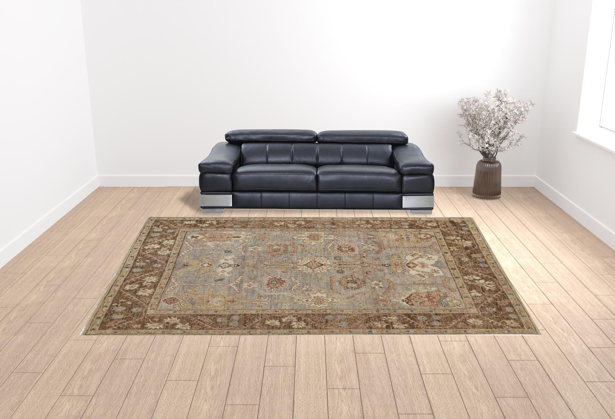 4' X 6' Gray Brown And Gold Wool Floral Hand Knotted Stain Resistant Area Rug With Fringe