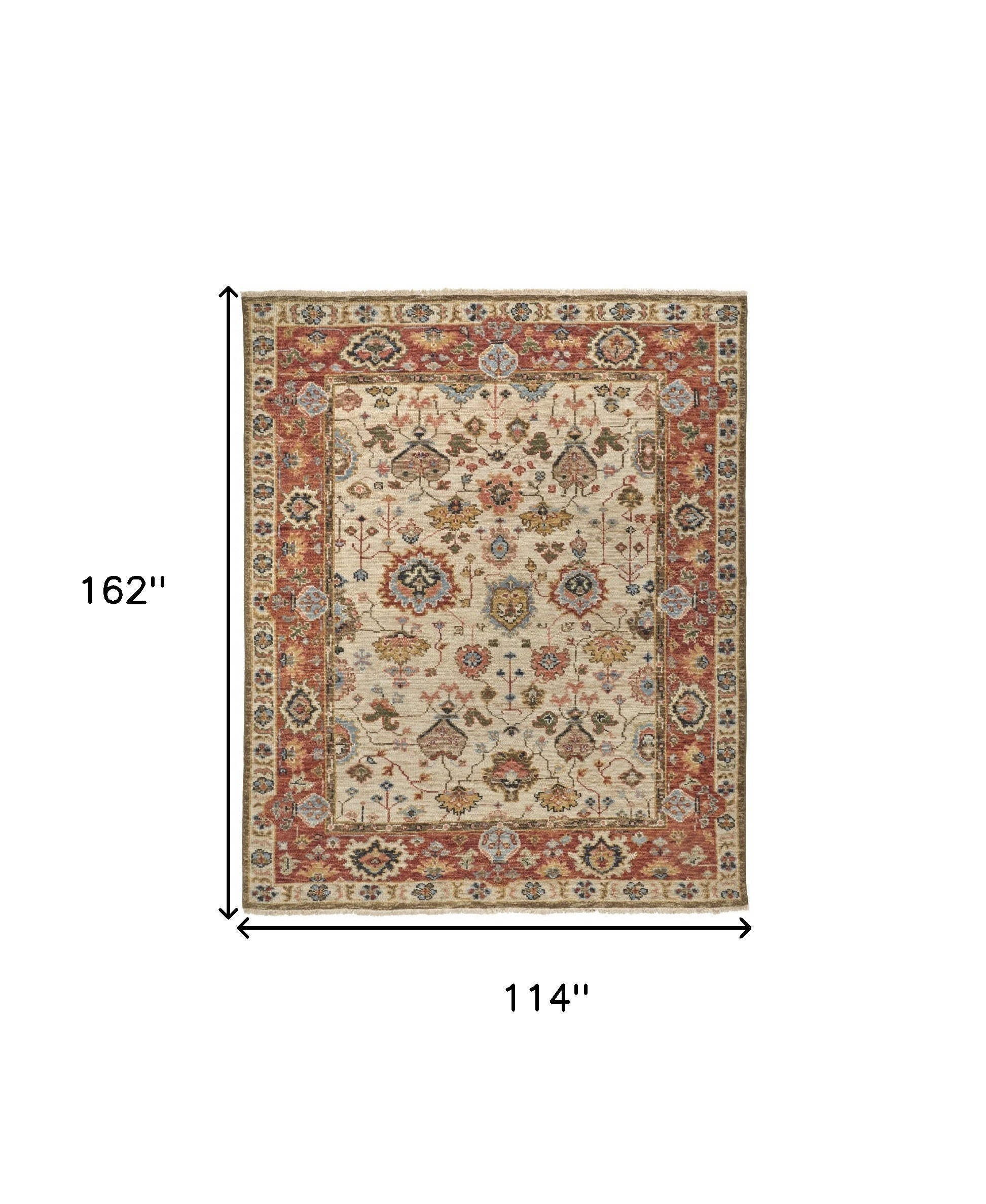 5' X 8' Ivory Red And Blue Wool Floral Hand Knotted Stain Resistant Area Rug