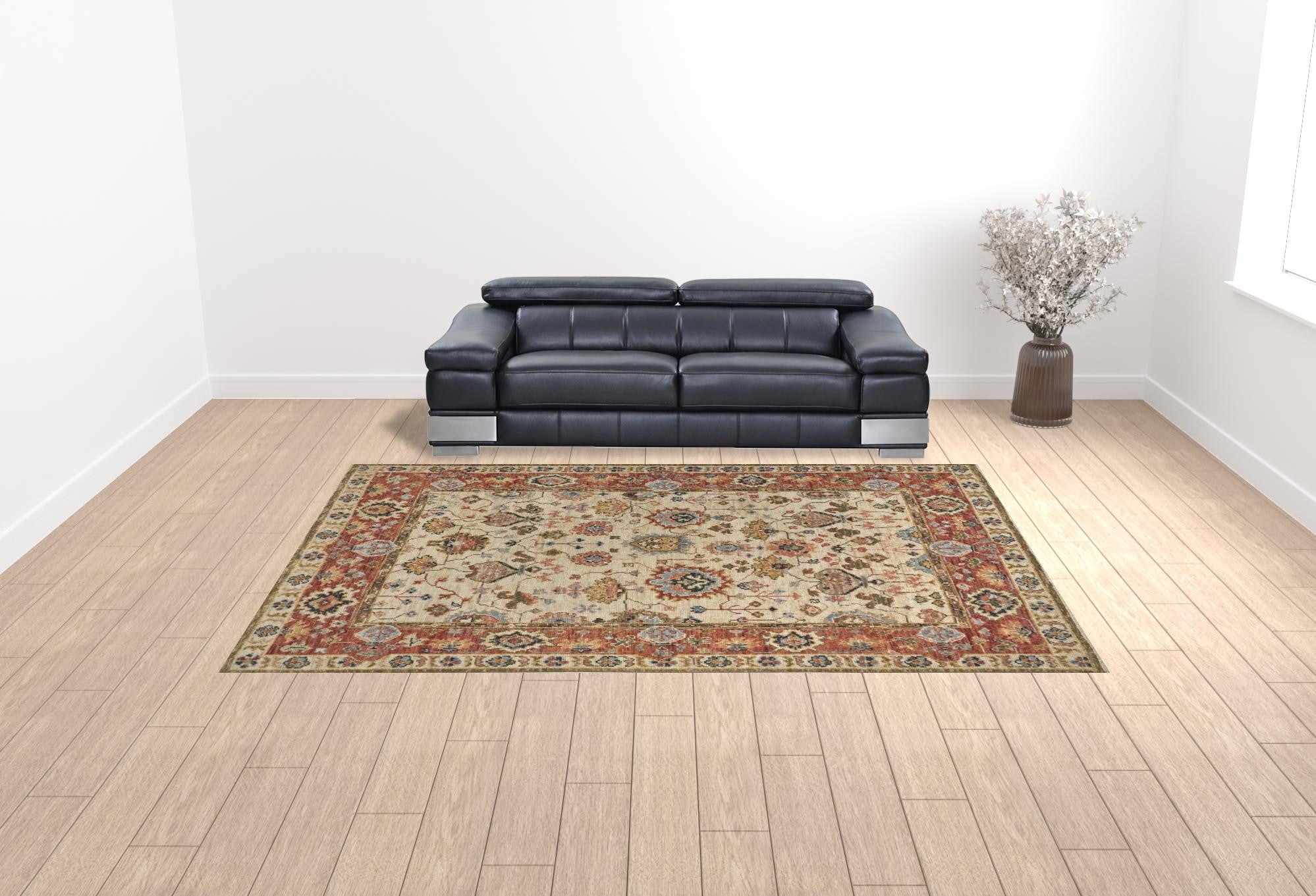 5' X 8' Ivory Red And Blue Wool Floral Hand Knotted Stain Resistant Area Rug