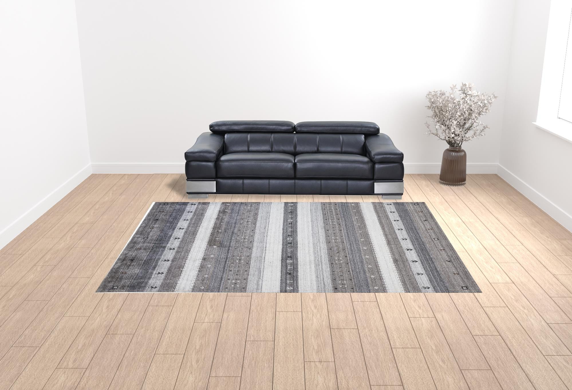 4' X 6' Gray Silver And Black Wool Striped Hand Knotted Stain Resistant Area Rug