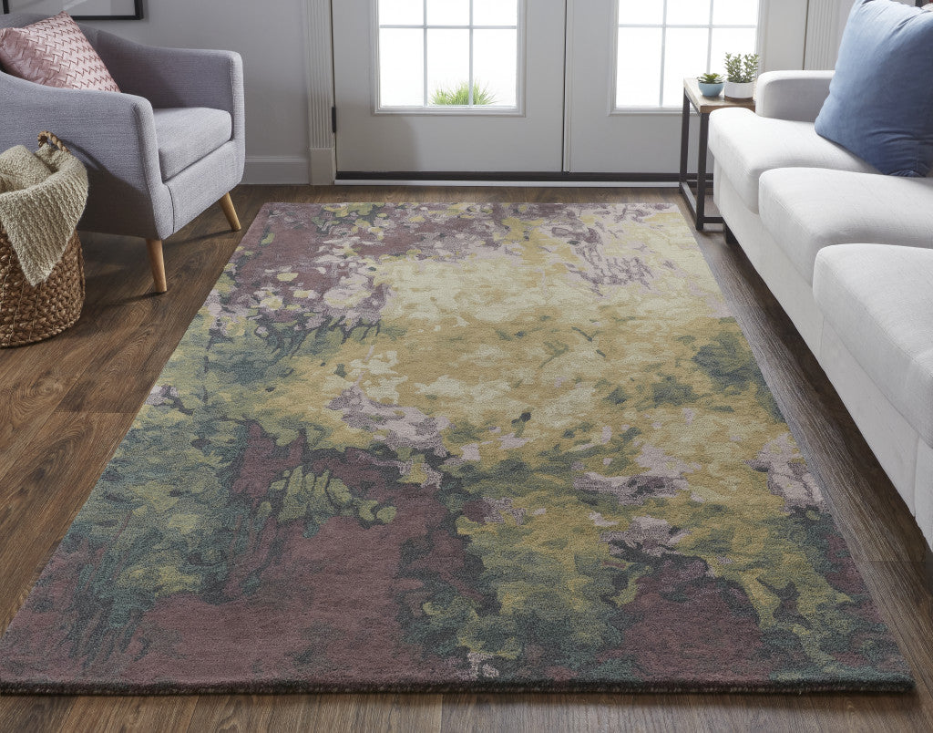 4' X 6' Gold Purple And Green Wool Abstract Tufted Handmade Stain Resistant Area Rug