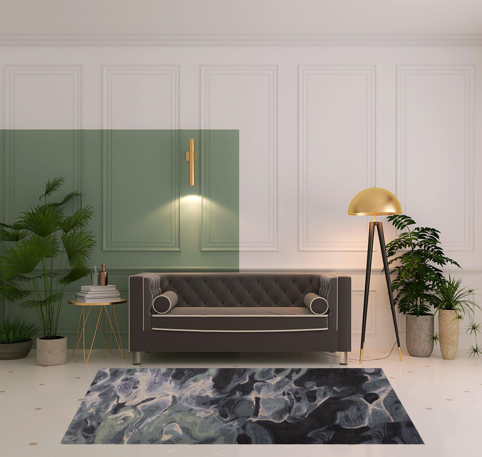 4' X 6' Green Blue And Black Wool Abstract Tufted Handmade Stain Resistant Area Rug