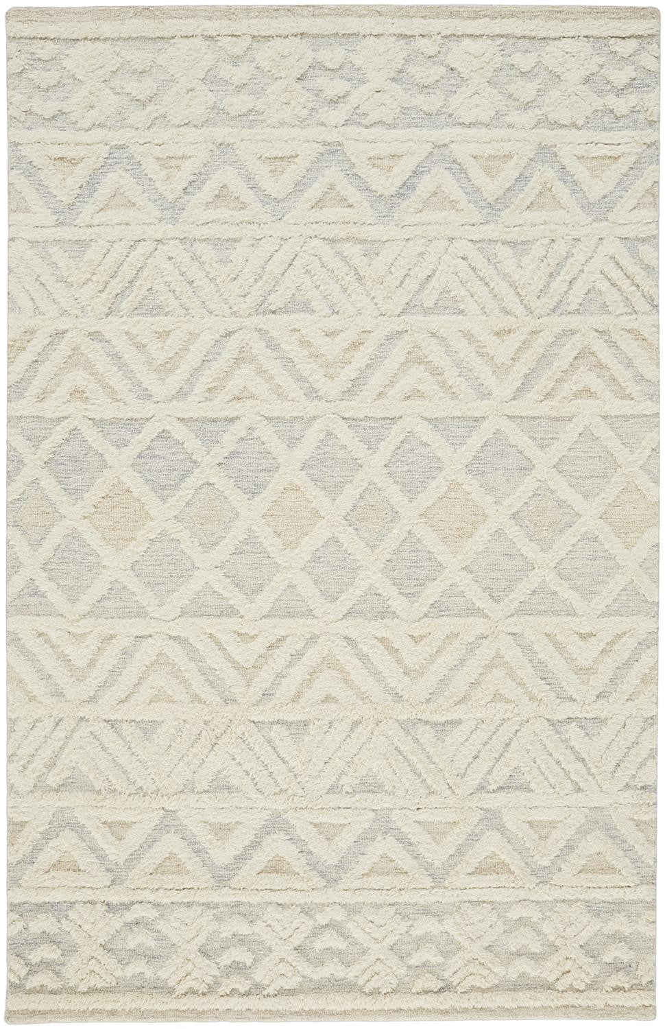 Ivory Blue And Tan Wool Geometric Tufted Handmade Stain Resistant Area Rug - 4' x 6'