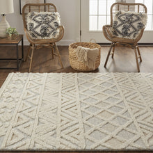 Ivory Blue And Tan Wool Geometric Tufted Handmade Stain Resistant Area Rug - 4' x 6'