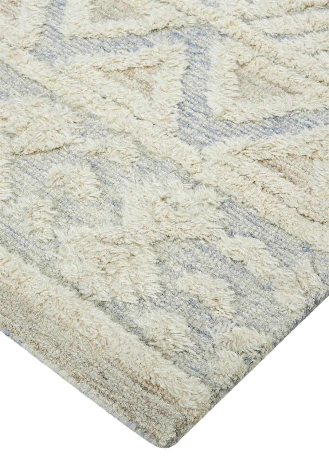 Ivory Blue And Tan Wool Geometric Tufted Handmade Stain Resistant Area Rug - 4' x 6'
