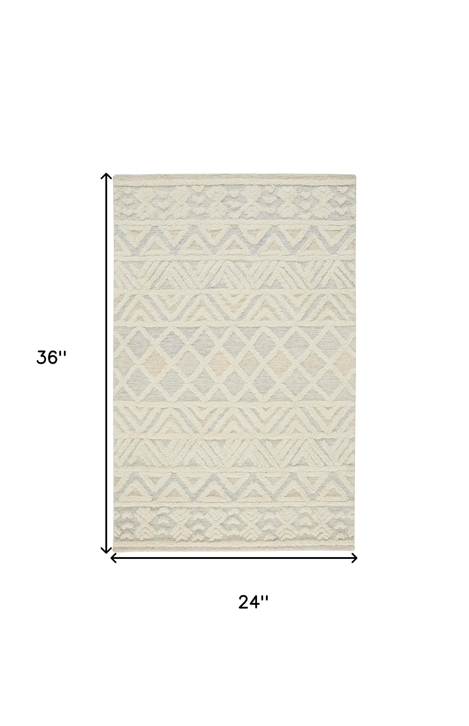 Ivory Blue And Tan Wool Geometric Tufted Handmade Stain Resistant Area Rug - 4' x 6'