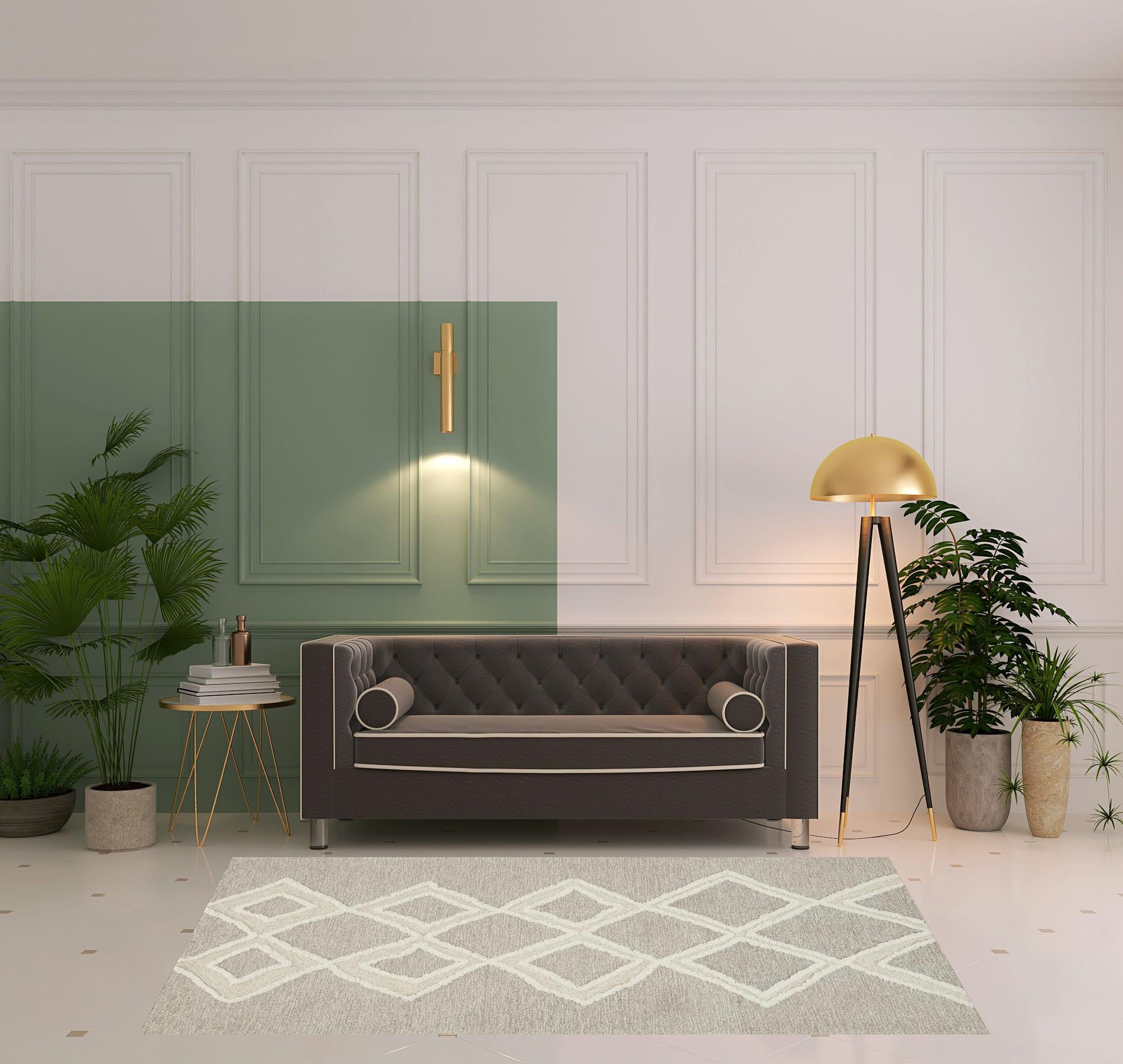 Gray And Ivory Wool Geometric Tufted Handmade Stain Resistant Area Rug - 4' X 6'