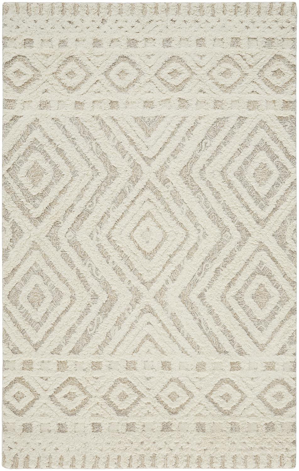 Ivory And Tan Wool Geometric Tufted Handmade Stain Resistant Area Rug - 4' x 6'