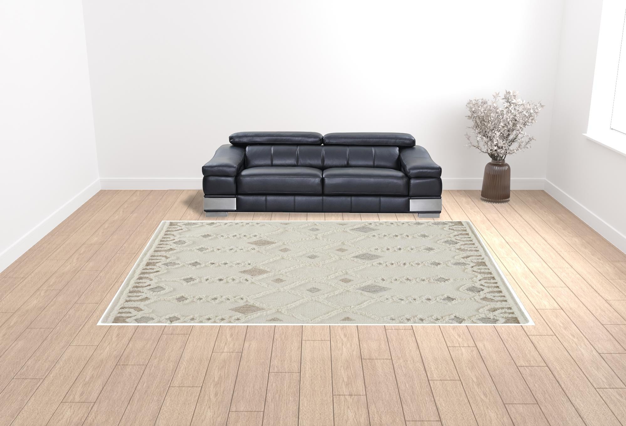 Ivory Tan And Silver Wool Geometric Tufted Handmade Stain Resistant Area Rug - 4' x 6'