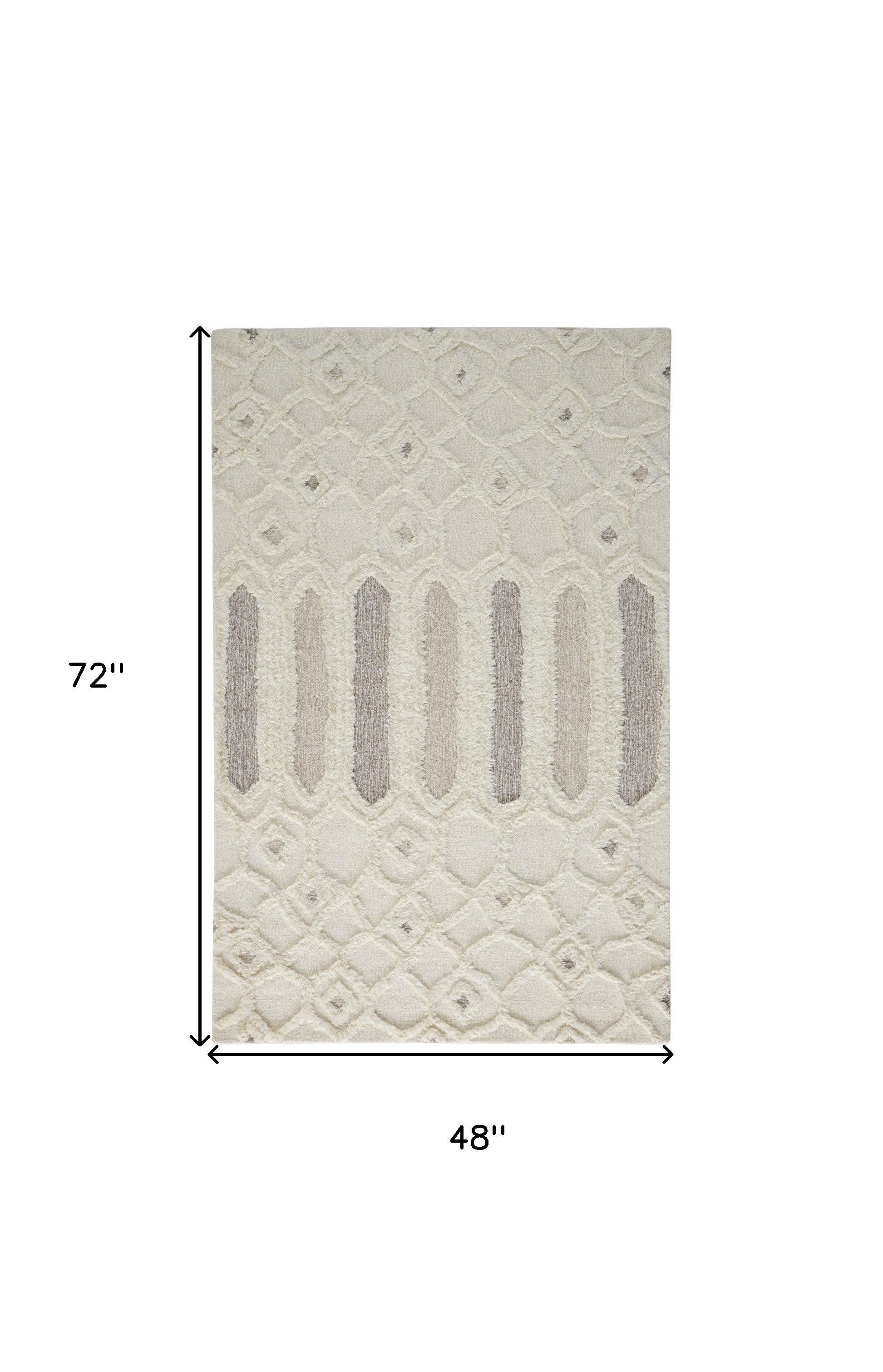 Ivory Taupe And Tan Wool Geometric Tufted Handmade Stain Resistant Area Rug - 4' x 6'