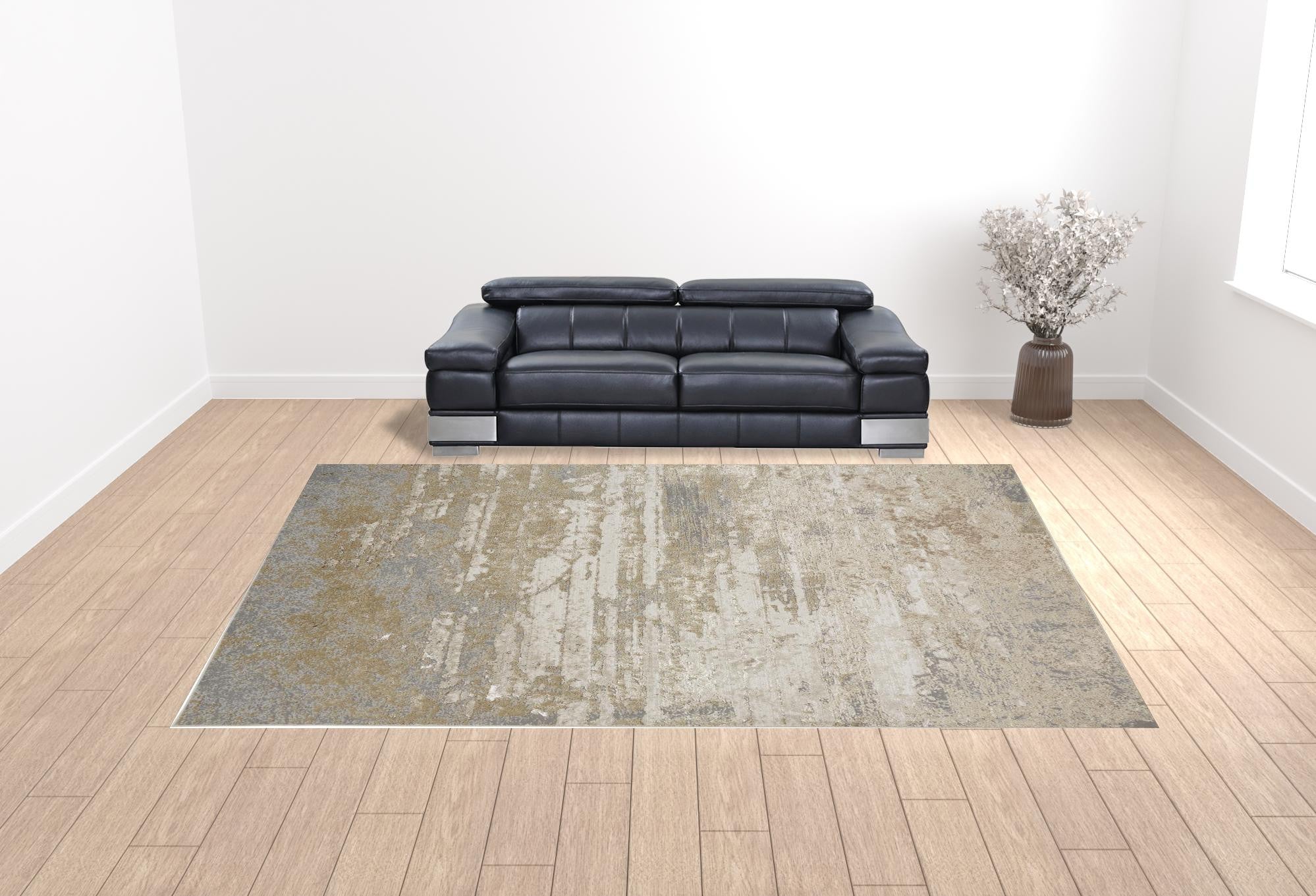 Ivory Gold And Gray Abstract Area Rug - 4' x 6'