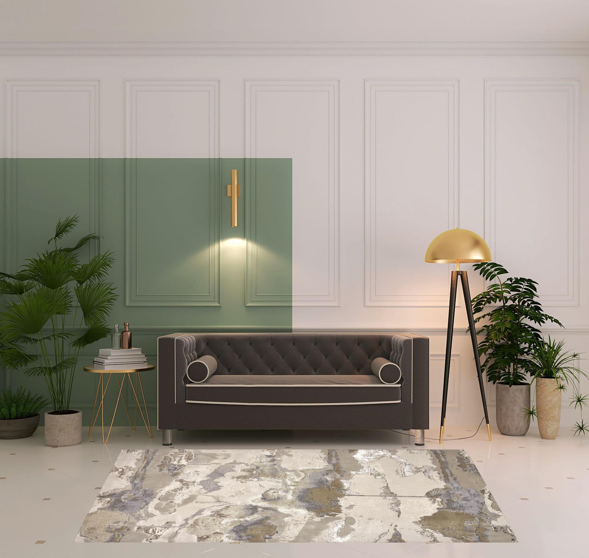 4' X 6' Gray Ivory And Gold Abstract Area Rug