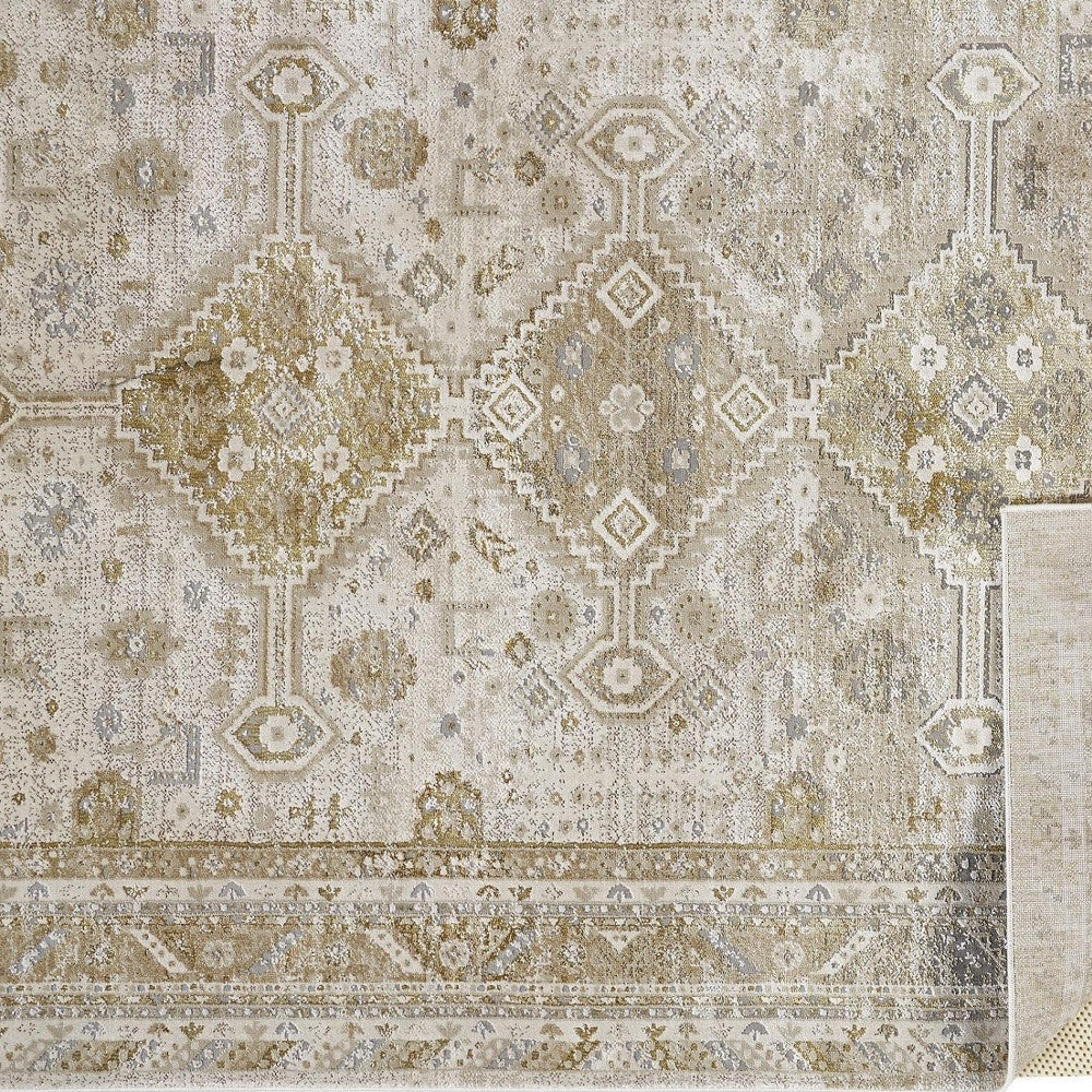 Gold And Ivory Floral Area Rug - 4' x 6'
