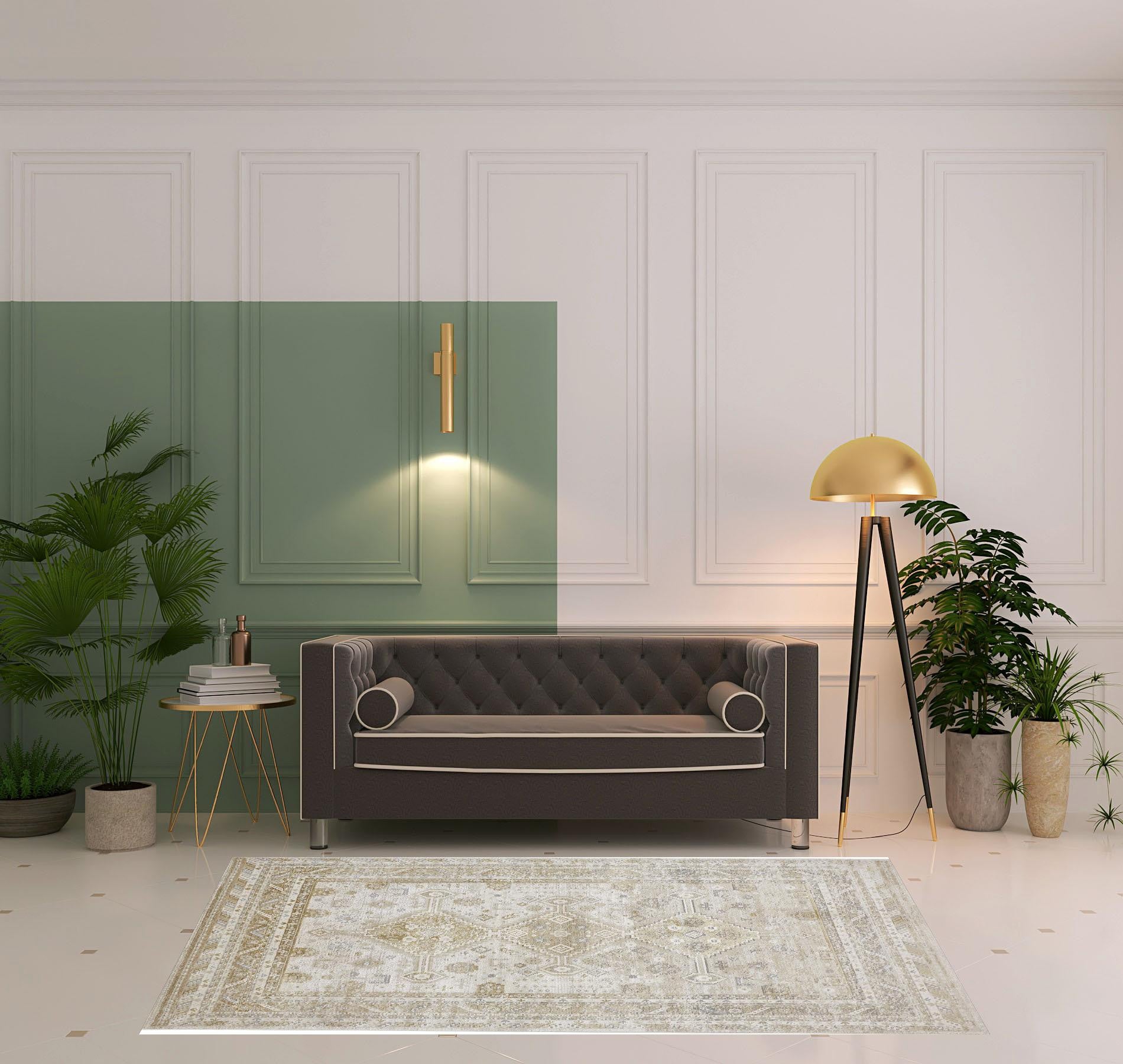 Gold And Ivory Floral Area Rug - 4' x 6'