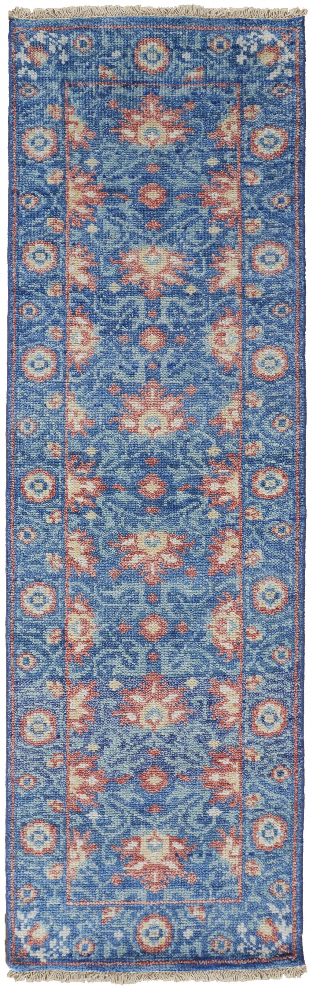 4' X 6' Blue And Red Wool Floral Hand Knotted Stain Resistant Area Rug