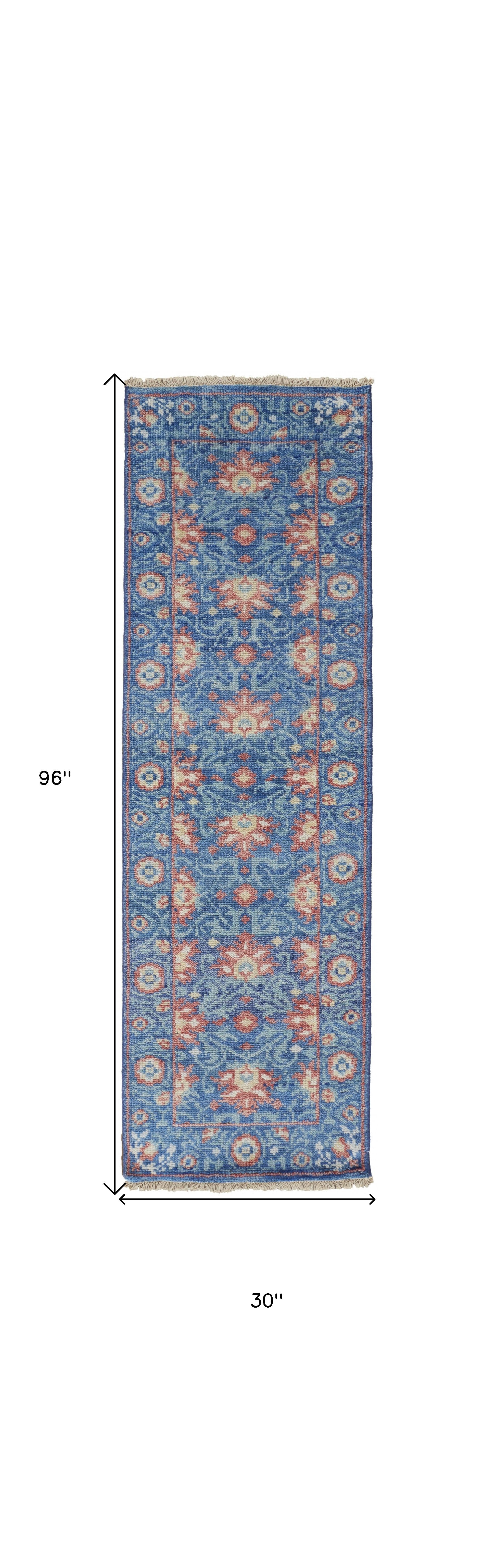 4' X 6' Blue And Red Wool Floral Hand Knotted Stain Resistant Area Rug