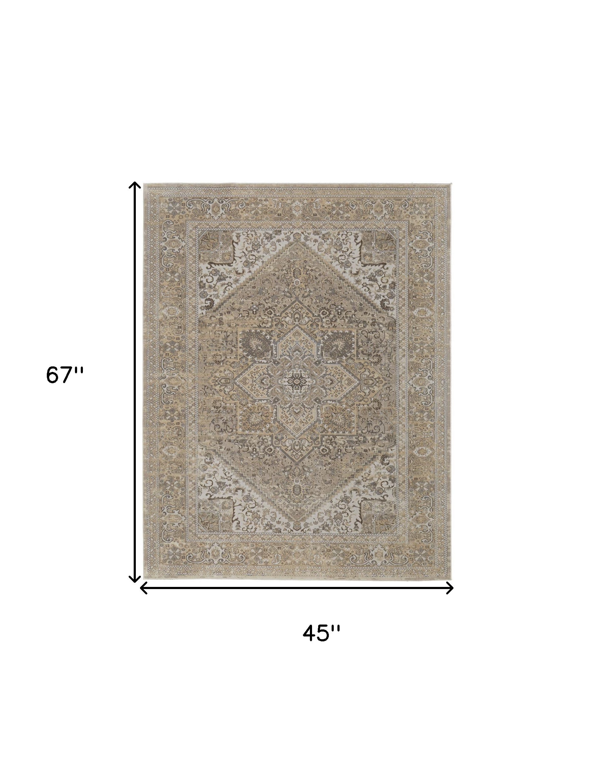 4' X 6' Brown Ivory And Tan Floral Power Loom Distressed Area Rug
